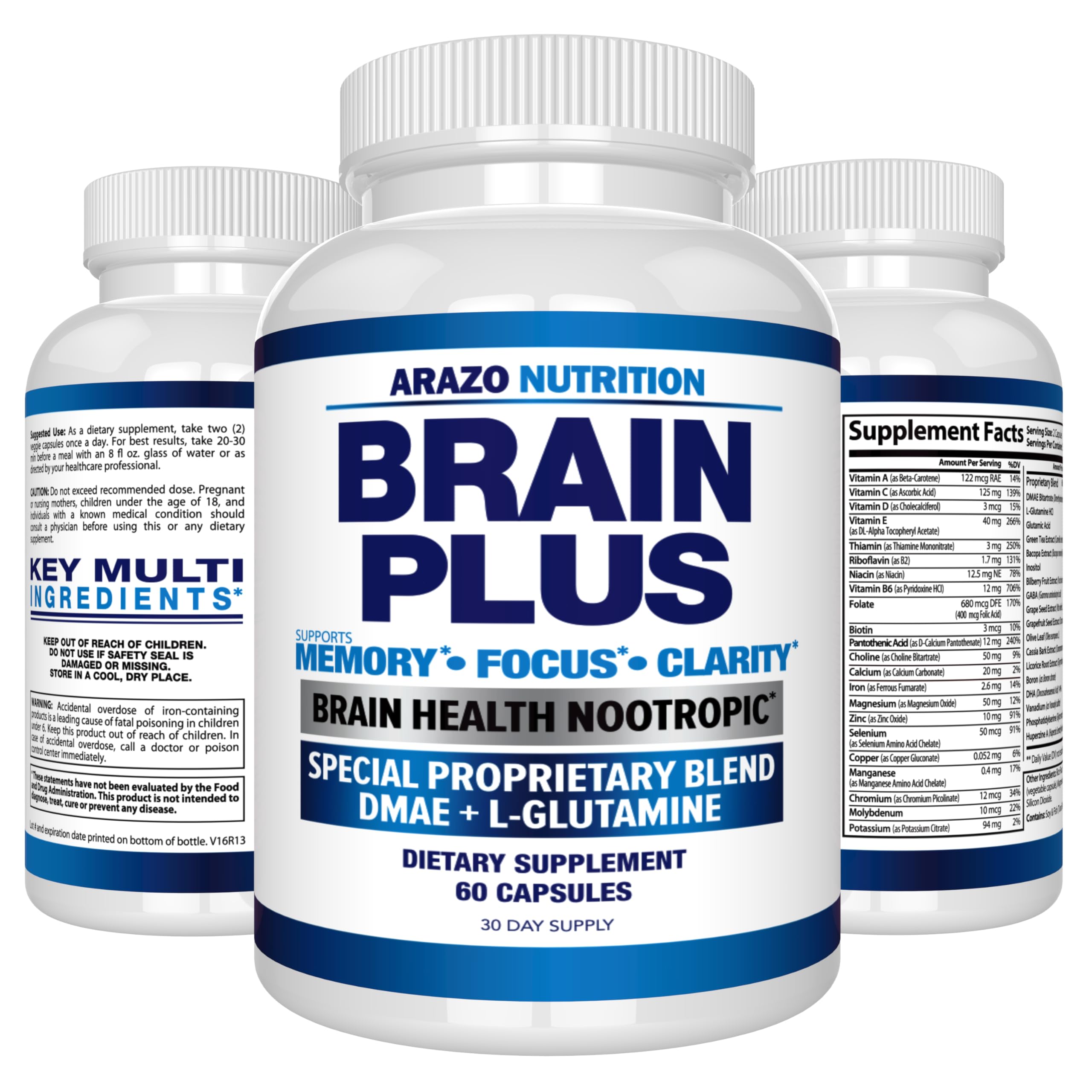Arazo Nutrition Premium Brain Function Supplement – Memory, Focus, Clarity – Nootropic Booster with DMAE, Bacopa Monnieri, L-Glutamine, Multi Vitamins, Multi Minerals Arazo Nutrition Au supplements