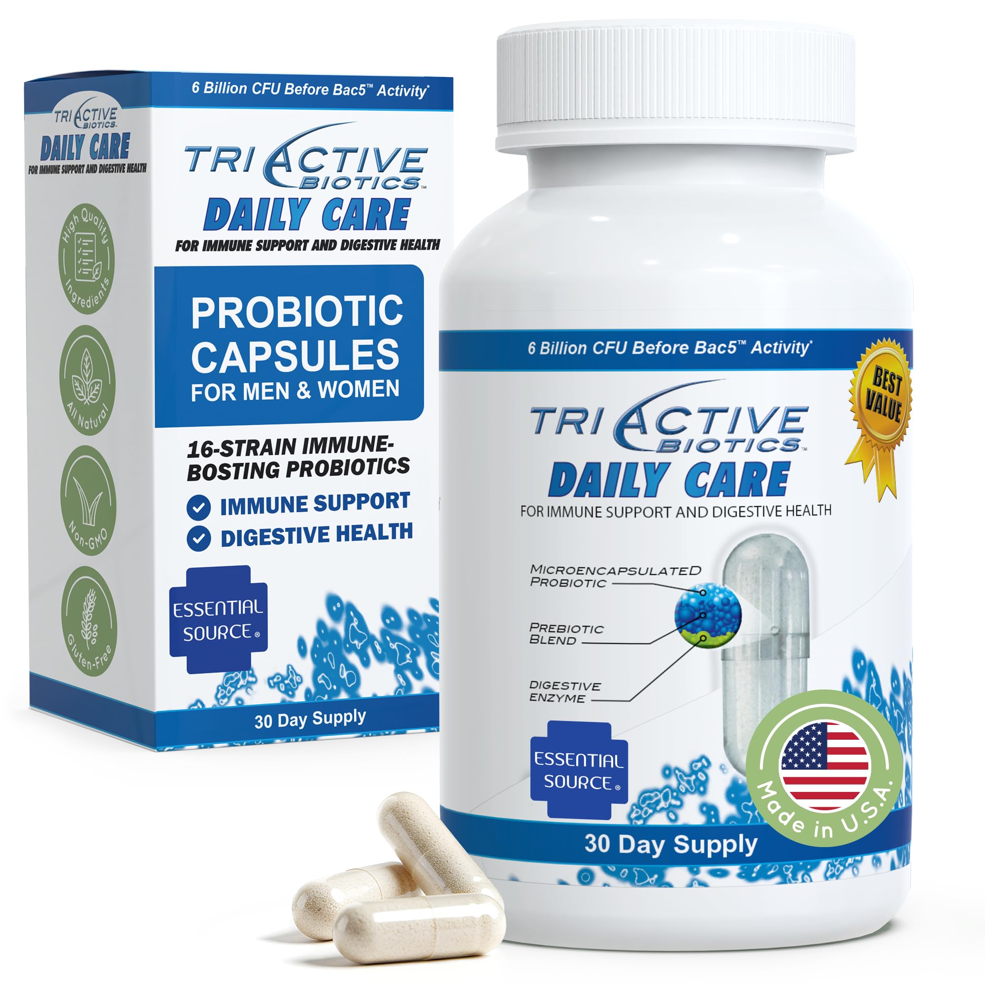 Essential Source TriActive Biotics Daily Care – Probiotics for Women and Men, 6 Billion CFU with Prebiotic Blend – Daily Digestive and Immune Support Gut Health Supplement – 30 Capsules Essential Source Au supplements