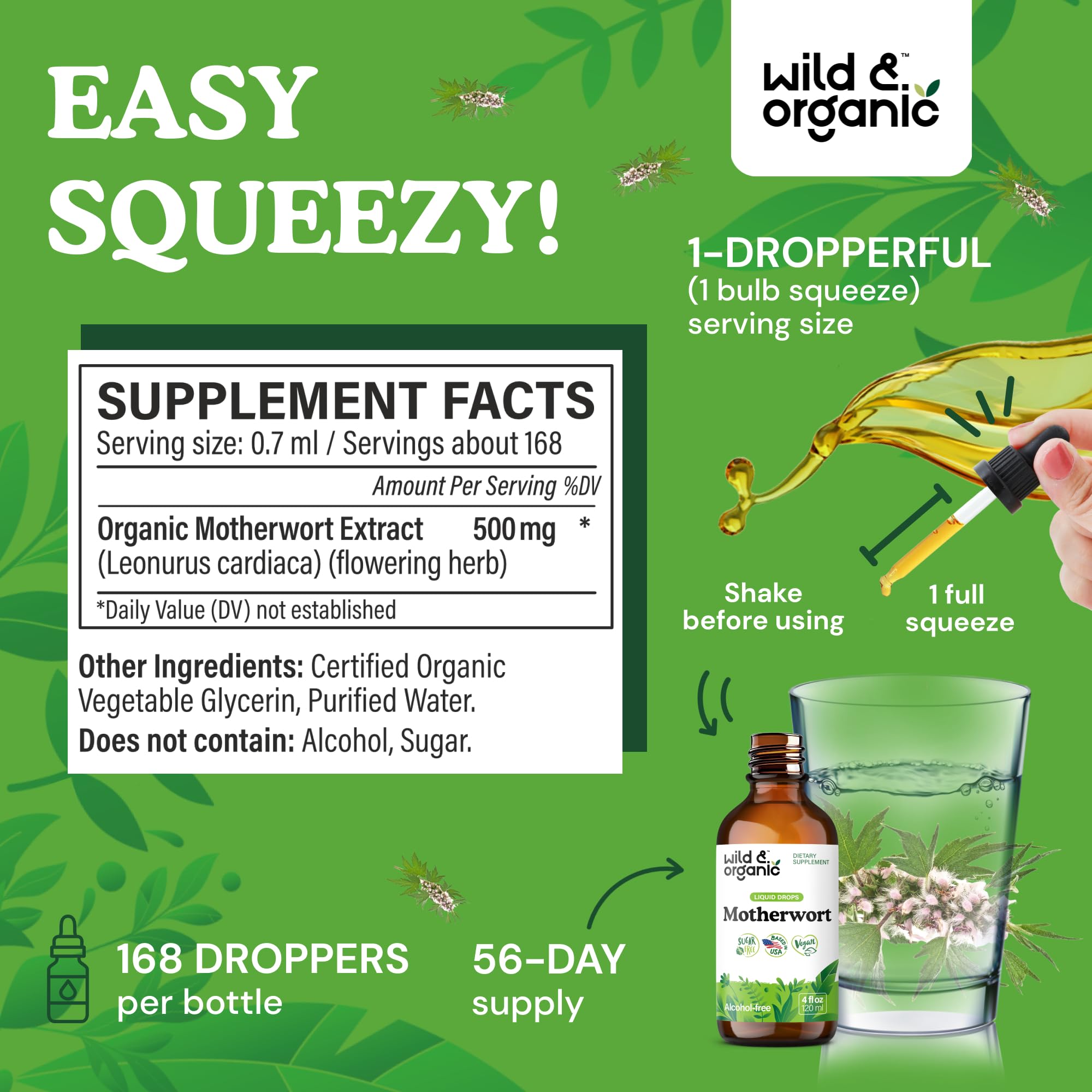 Wild & Organic Motherwort Tincture - Good Mood, Calmness, Overall Support - Supplements for Women with Motherwort Herb - Vegan, Sugar & Alcohol-Free Extract Drops - 4 fl oz Wild & Organic Au supplements