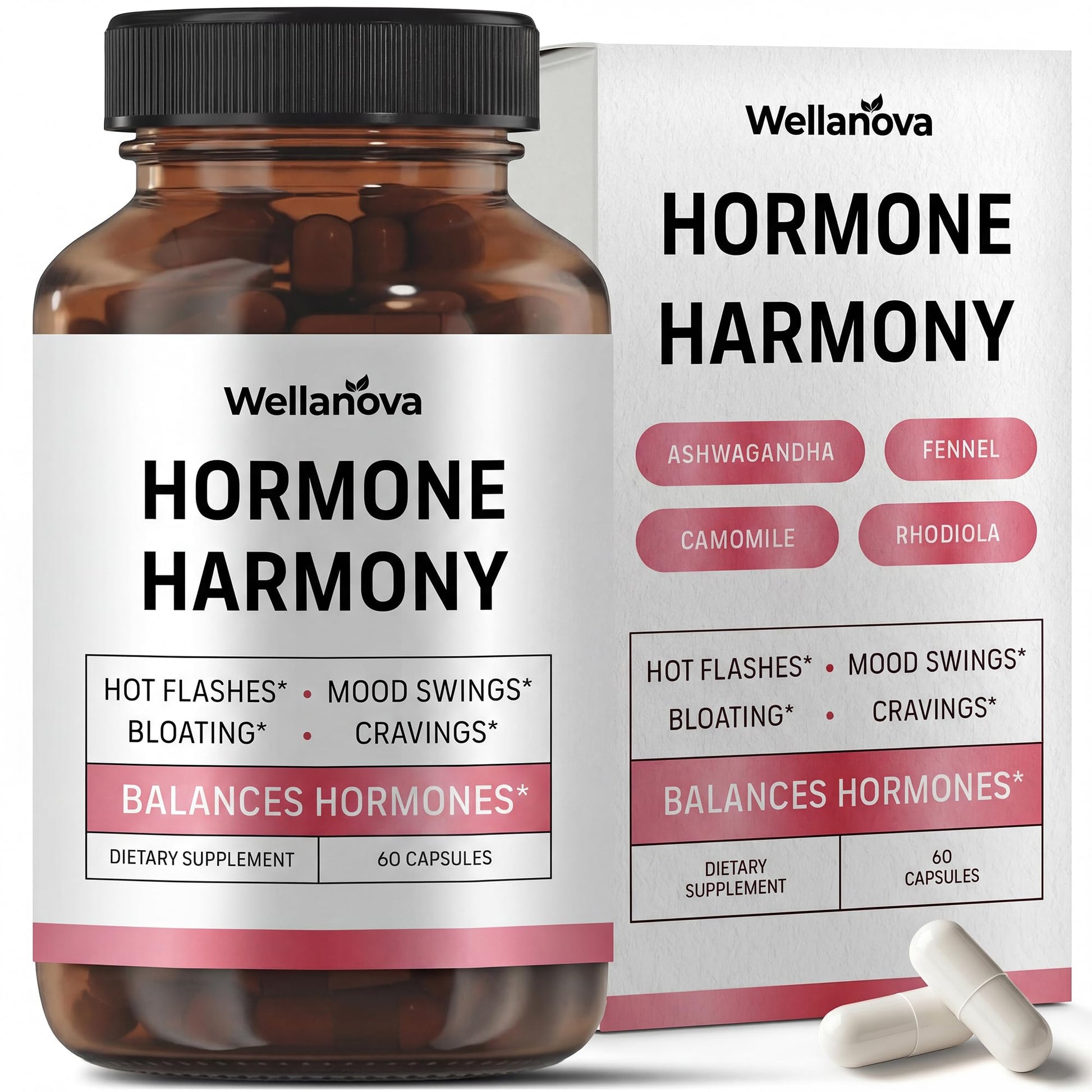 Wellanova Hormone Harmony for Women – Natural Hormonal Balance Support for Menopause & Perimenopause – Hot Flashes, Mood Swings, Cravings, Bloating Relief – 60 Capsules Wellanova Au supplements