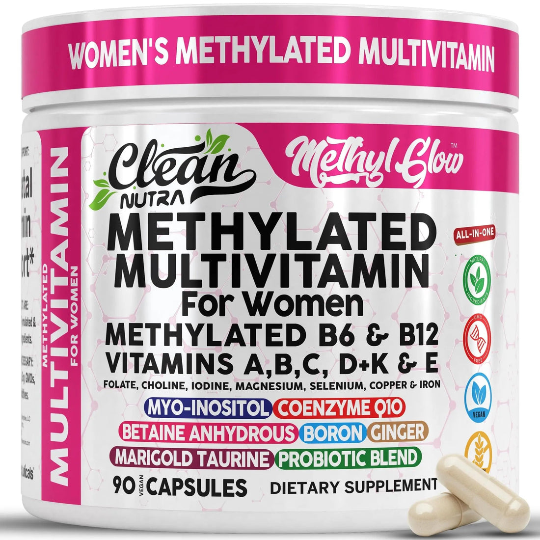 Methylated Multivitamin for Women Vitamins B6 Methyl B12 A B C D K E Folate Choline Omega 3 Thiamine Riboflavin Iron Clean Nutraceuticals