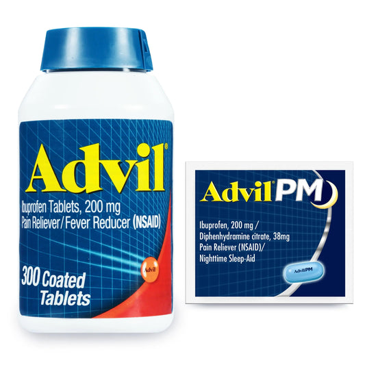 Advil Pain Reliever and Fever Reducer, Ibuprofen 200mg for Pain Relief - 300 Count, Advil PM Pain Reliever and Nighttime Sleep Aid, Ibuprofen for Pain Relief and Diphenhydramine Citrate - 2 Count AdvilAU supplements