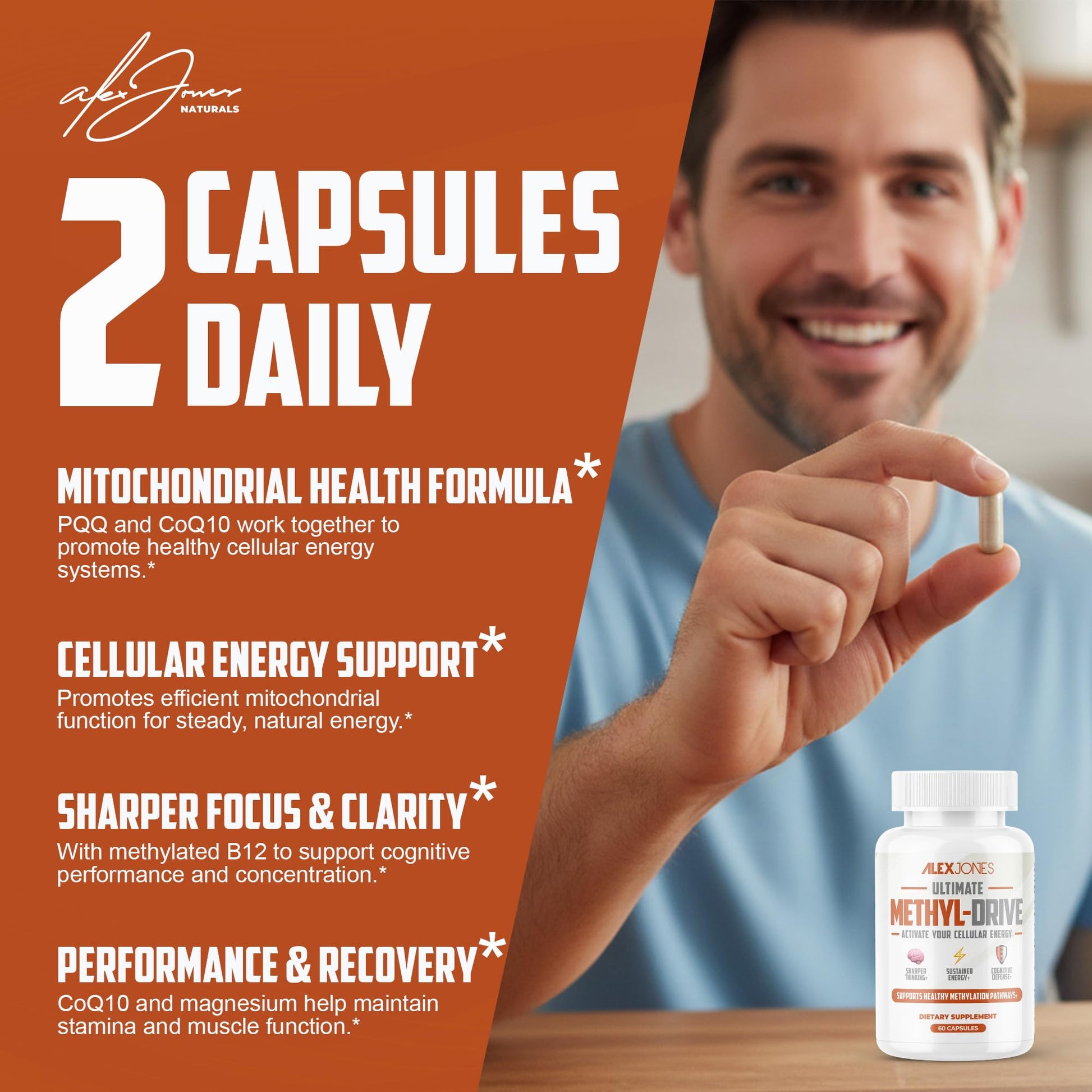Alex Jones Naturals Methyl Drive Vitamin B Methylated Complex Formula – Mitochondrial Support Supplement w/ CoQ10, PQQ Supplement, Magnesium, B Methylated Complex & BioPerine – 60 Capsules Alex Jones Naturals Au supplements