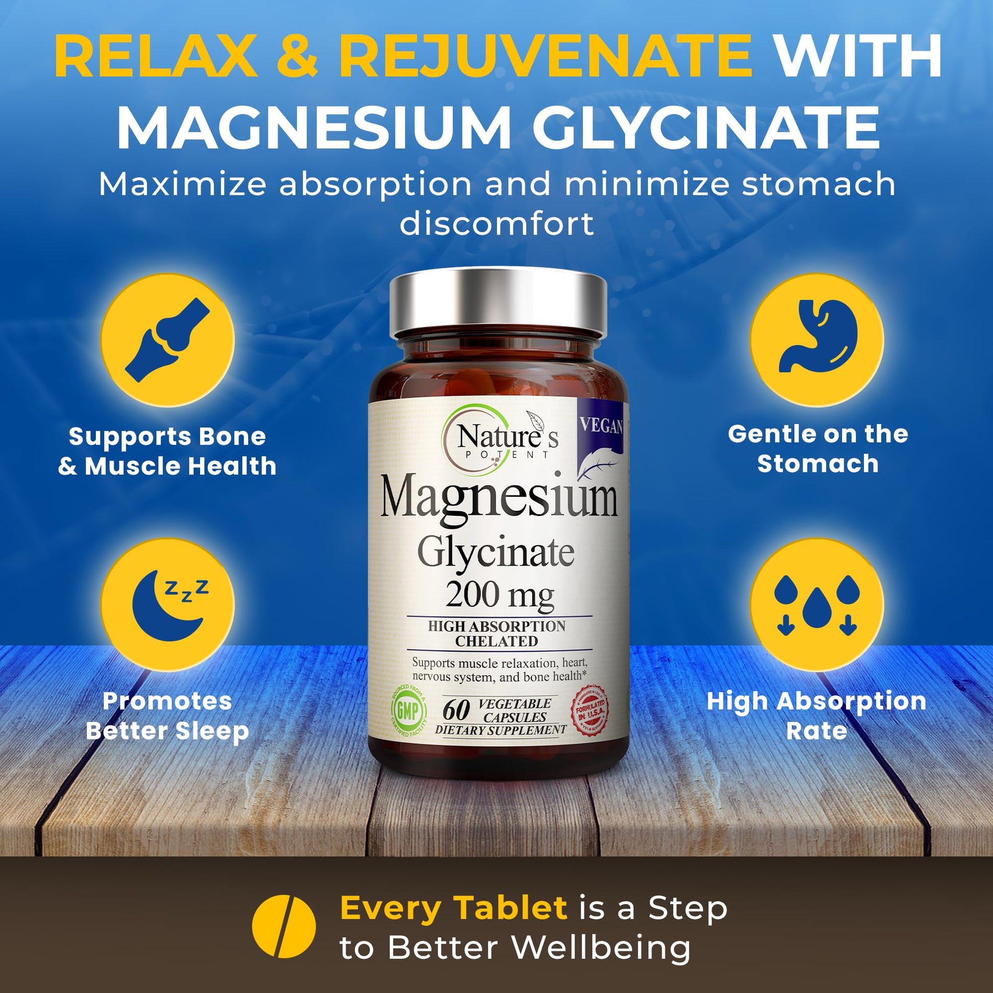 Nature’s Potent Magnesium Glycinate 200mg | High Absorption Chelated Magnesium | Sleep, Calm & Muscle Cramp Support | Vegan Supplement | 60 Capsules Nature's Potent Au supplements