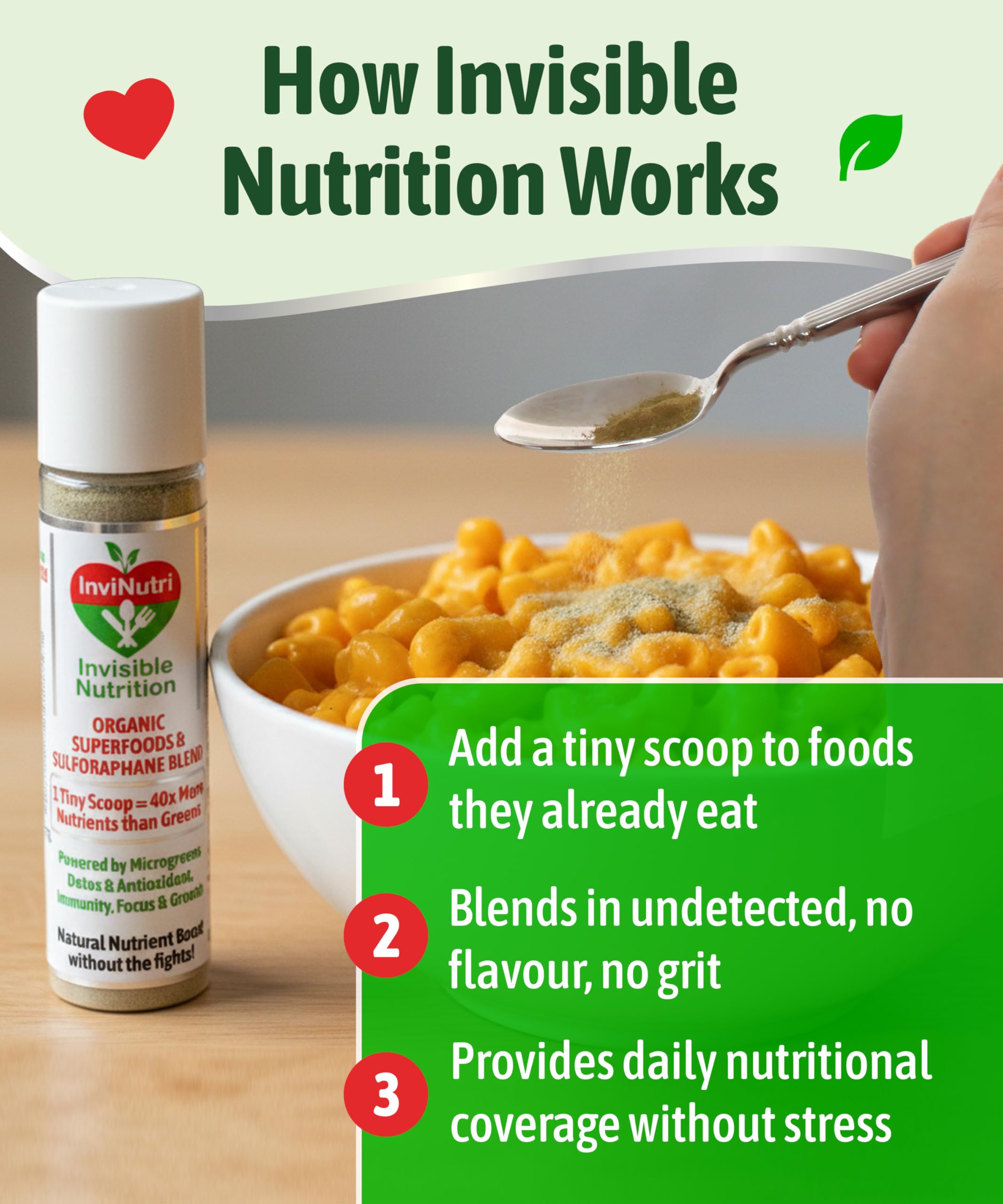 InviNutri Superfood Powder for Sensory & Picky Eaters. A TINY scoop- 40x Nutrient-Rich, 30mg Sulforaphane for Detox. Organic Microgreens, Fruits & Veggies - Blends Invisibly into Most Meals - 24 serv. InviNutri Invisible Nutrition Au supplements