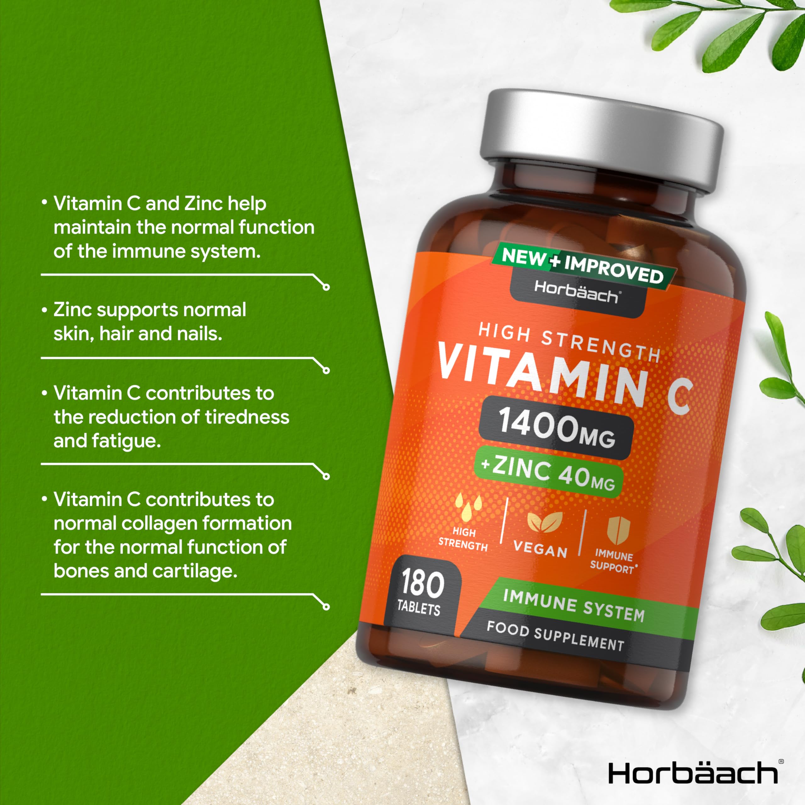 Vitamin C and Zinc | 180 Vegan Tablets | High Strength Vitamin C 1400mg and Zinc 40mg Horbäach Au supplements