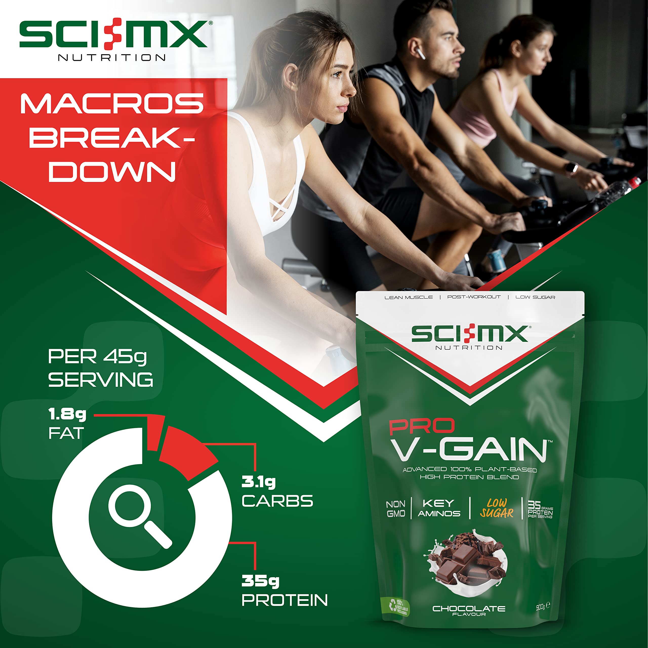 SCI-MX Pro V Gain 100% Plant Based Vegan Protein Formula With No Added Sugar - Chocolate Flavour - 900g - 20 SERVINGS SCI-MX Au supplements