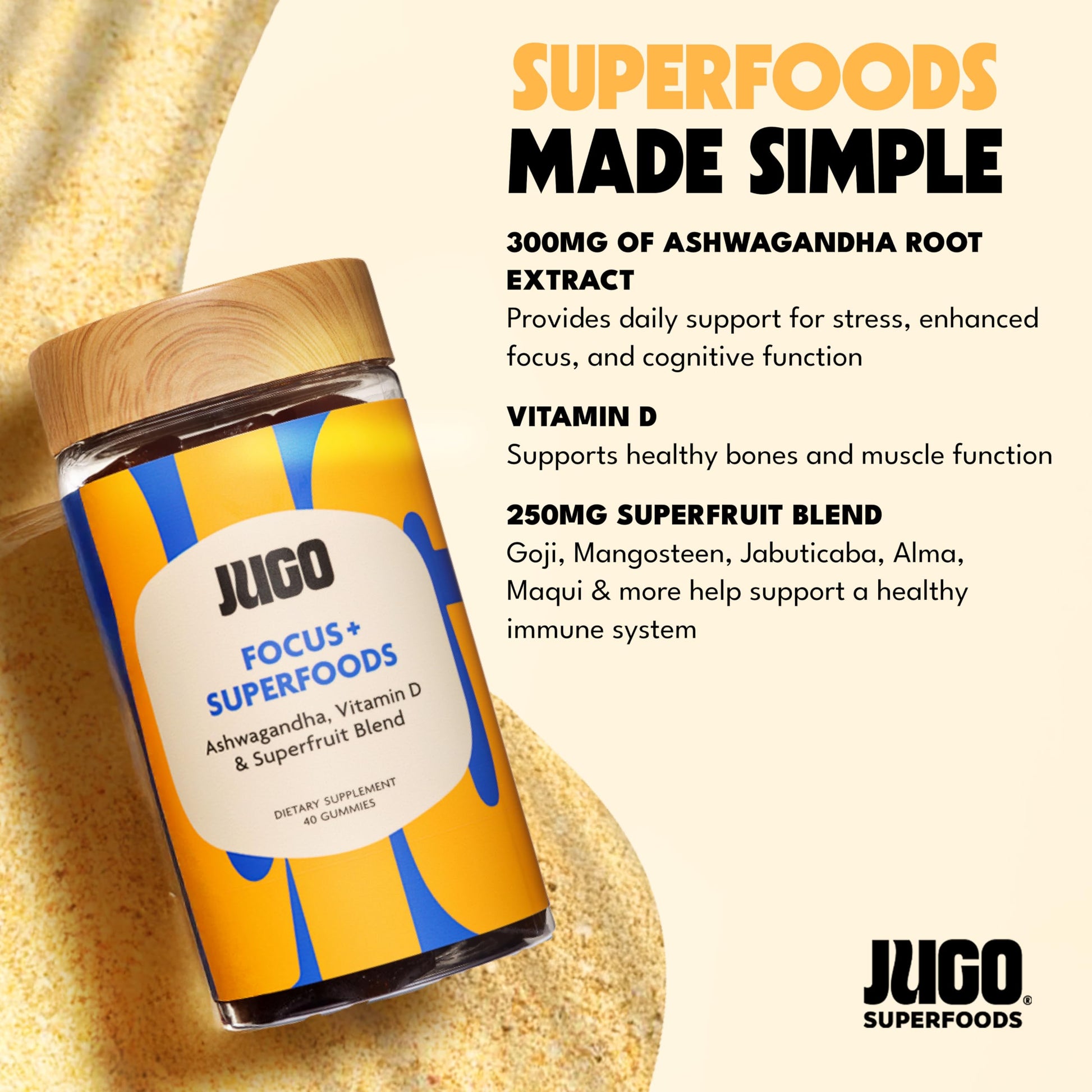 JUGO Focus + SUPERFOODS Ashwagandha Gummies with Vitamin D3 & Superfruit Blend, Vegetarian-Friendly Focus Supplement with Adaptogens, Gelatin-Free and Gluten-Free, Non-GMO, Made in USA, 40 Coun JUGO LLC Au supplements