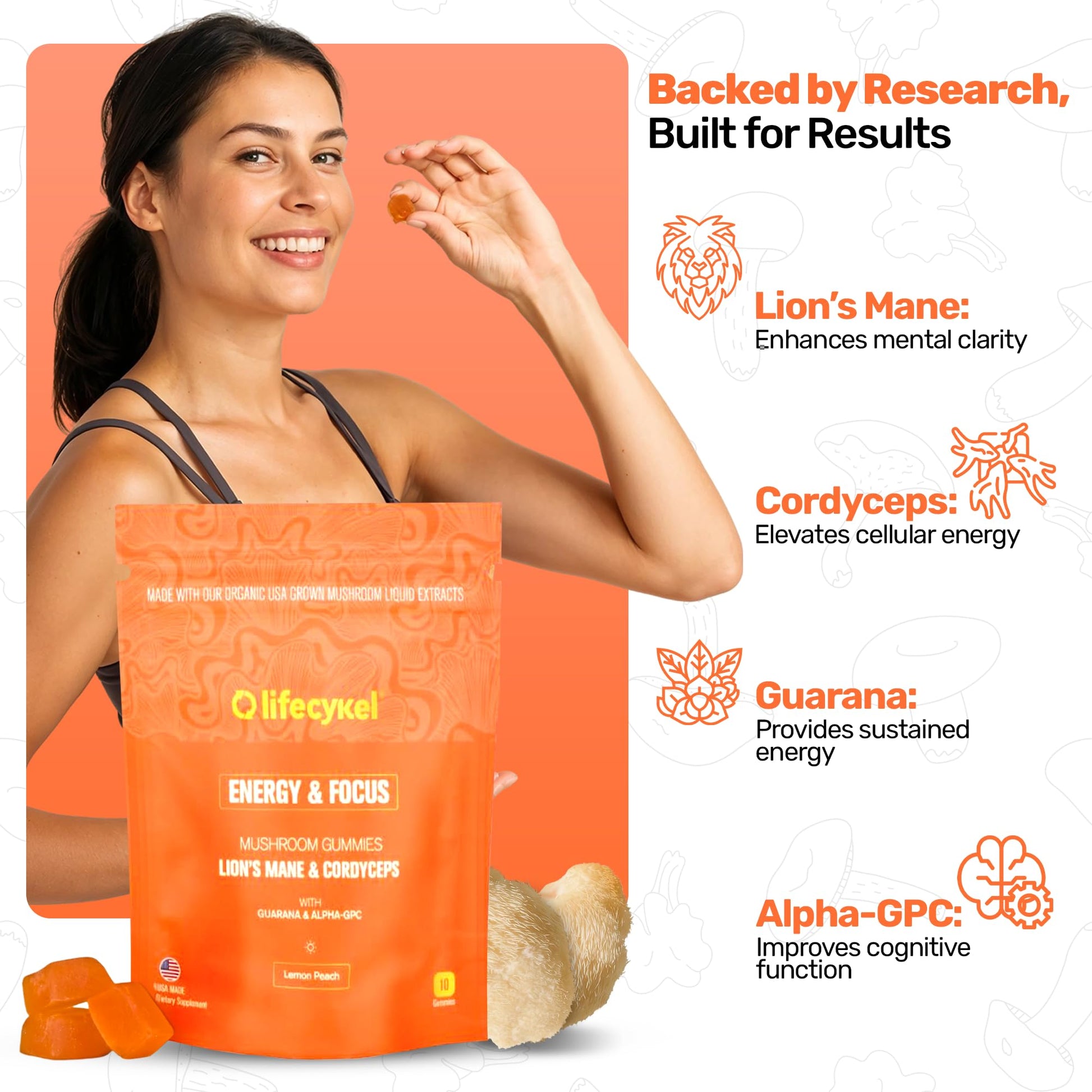 Life Cykel - AM Energy and Focus Mushroom Gummies, 10 Count - Organic Lion's Mane Gummies with Cordyceps, Guarana & Alpha GPC for Mental Clarity, Natural Energy, Endurance & Focus - Lemon Peach Flavor Life Cykel Au supplements