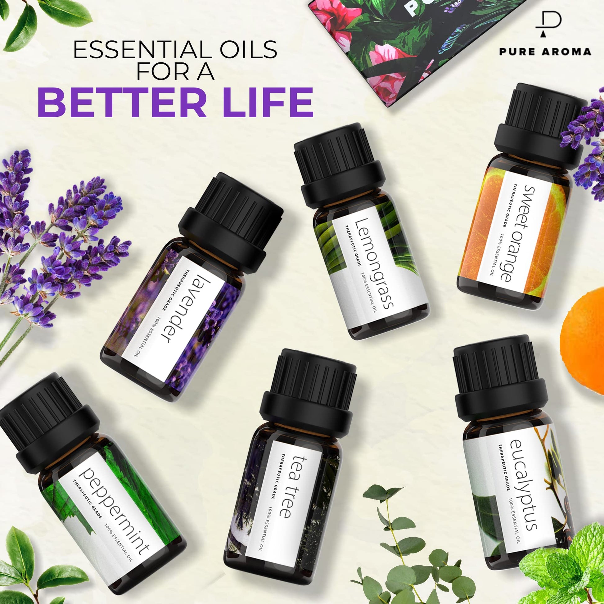 Essential Oils by PURE AROMA 100% Pure Oils kit- Top 6 Aromatherapy Oils Gift Set-6 Pack, 10ML Pure Aroma Au supplements