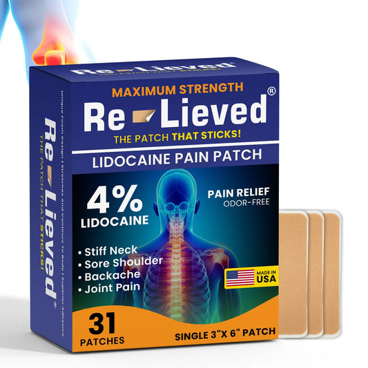 Re-Lieved 4% Lidocaine Patches Maximum Strength - Aluminum-Free, Water Resistant and USA Made -Superior Sticking Pain Relief Patches Quickly Relieves Back, Joints and Muscle Pain-3x6 Inches (31 Count) Re-lievedAU supplements