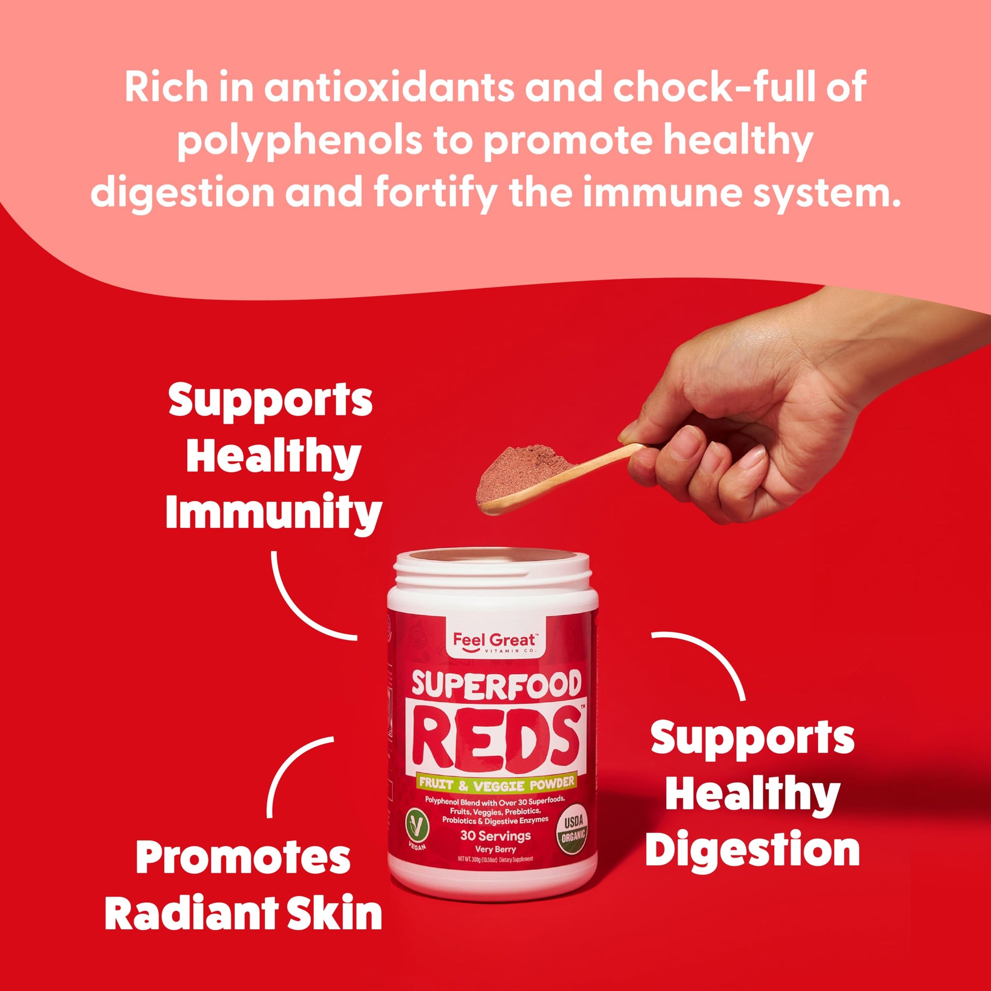 Feel Great Organic Superfood Reds Powder Packed with Beet Root Powder | Digestive Support Including Bloating Relief | Fruit and Veggie Polyphenols Supplement. The Feel Great Vitamin Company Au supplements