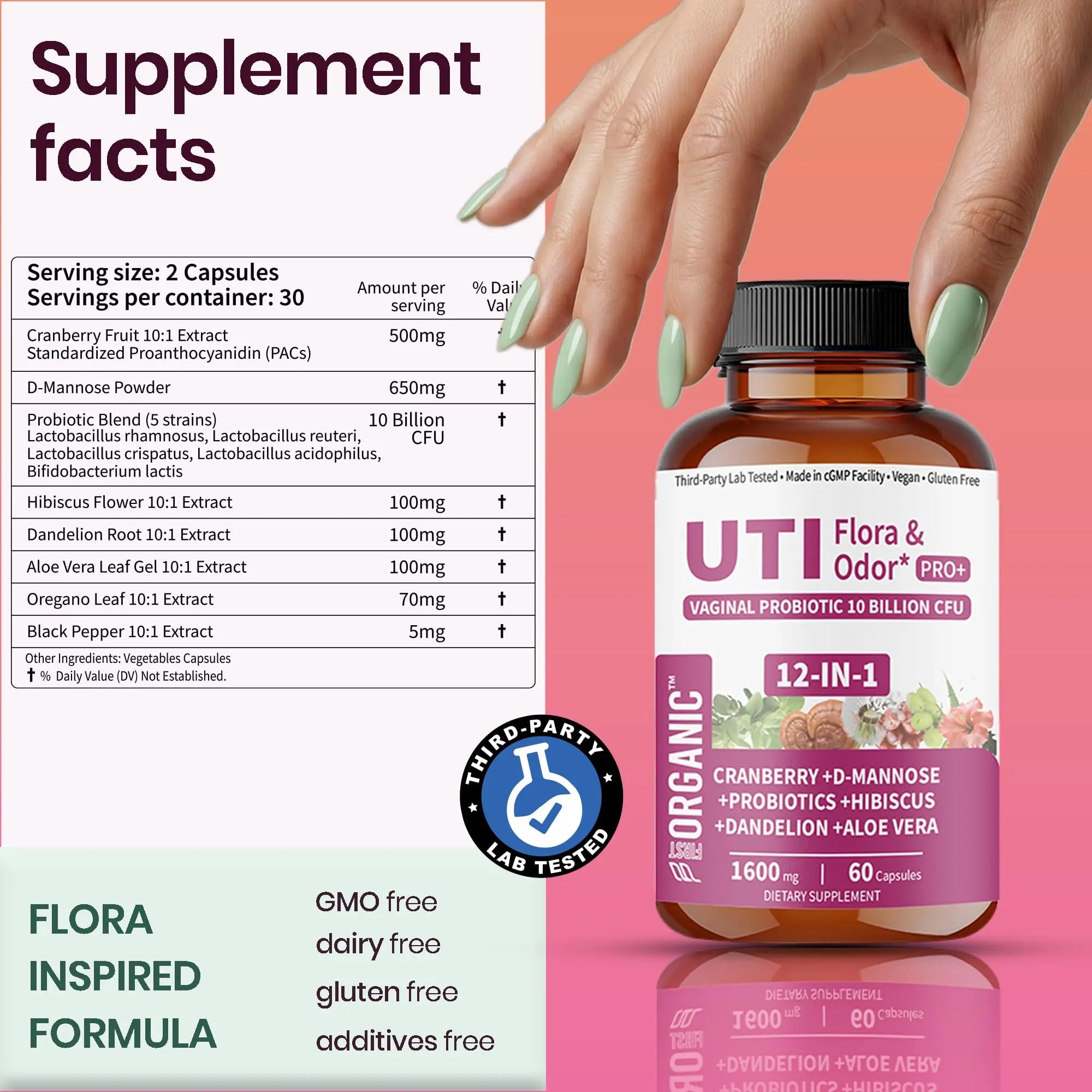 UTI Flora & Odor Pro+ & UTI Yeast & pH Pro+ | Pack of 2 | Vaginal Probiotics for Feminine Hydration & Freshness Support | Third-party Tested, cGMP Facility, Vegan, Non-GMO, Gluten-Free | 60+60 Caps FIRSTORGANIC Au supplements