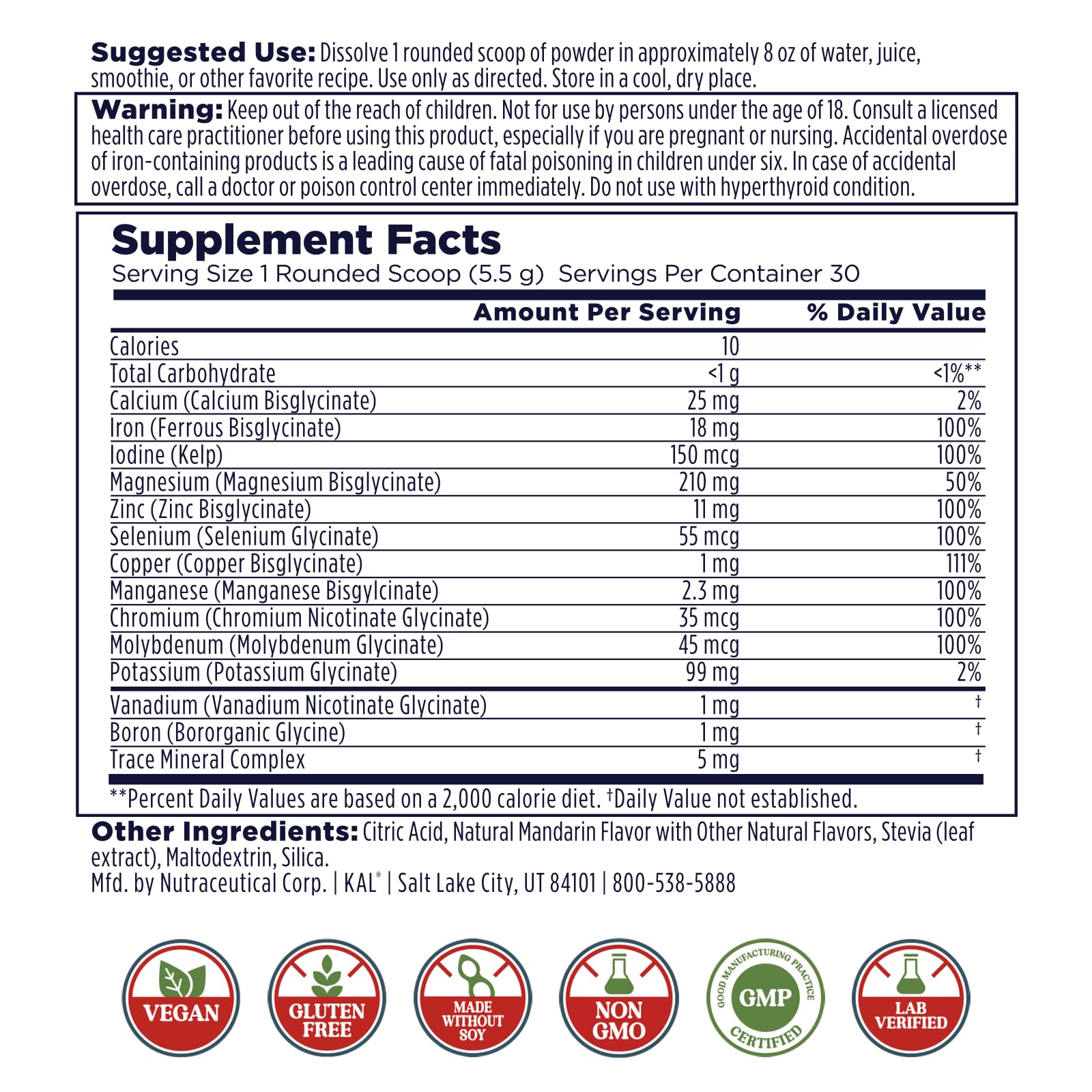 KAL Total Mineral+ Powder - Total Complex - Magnesium Glycinate, Zinc, Calcium and More - Bone Health & Whole Body Support Supplement - Vegan, Non-GMO, Gluten-Free 60-Day Guarantee - 30 Servings KAL Au supplements