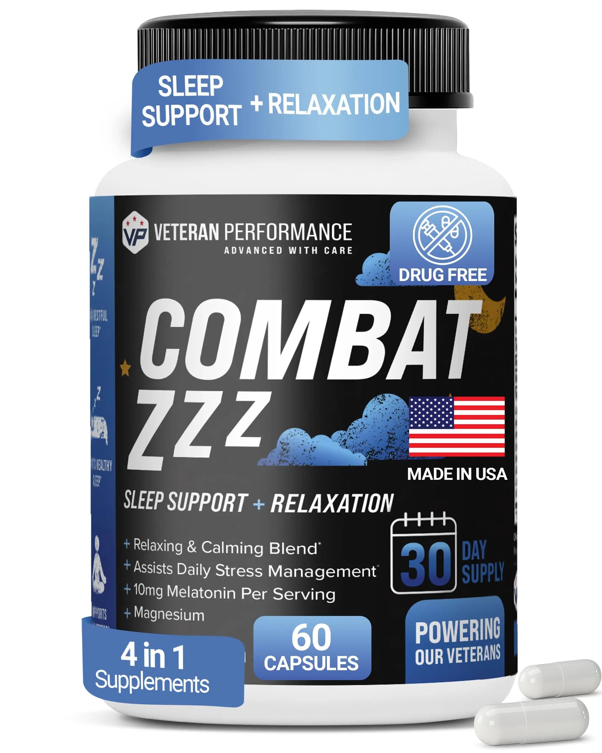 Combat ZZZ 4-in-1 Sleep Aid with Melatonin, Magnesium & L-Theanine – Non-Groggy Formula for Deep Sleep & Restful Recovery – Veteran-Founded, Made in USA (60 Capsules) | Sleep Aid for Adults Veteran Performance Au supplements