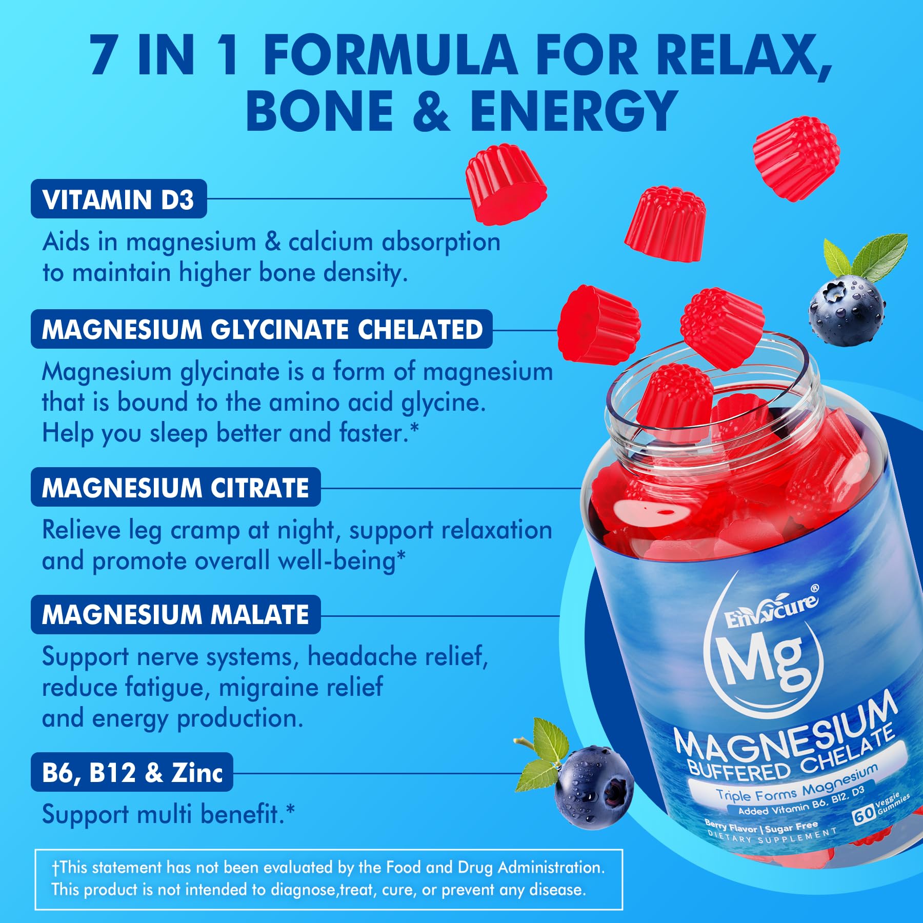 Magnesium Gummies - Triple Magnesium Complex, Magnesium Glycinate Gummies | Magnesium Glycinate, Malate, Citrate w/ D3 B6 B12, for Calm, Sleep & Muscle Cramp | High Absorption | Vegan, 2 Pack EnvyCure Au supplements