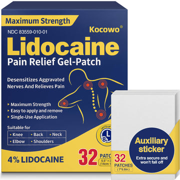 Kocowo 4% Lidocaine Maximum Strength Pain Relief Gel Patches with Auxiliary Patches for Neck Back Knee Joint Ache Muscle Soreness, 3.9” x 5.5”, 32-Count Box, NDC：83559-010-01 Kocowo Au supplements