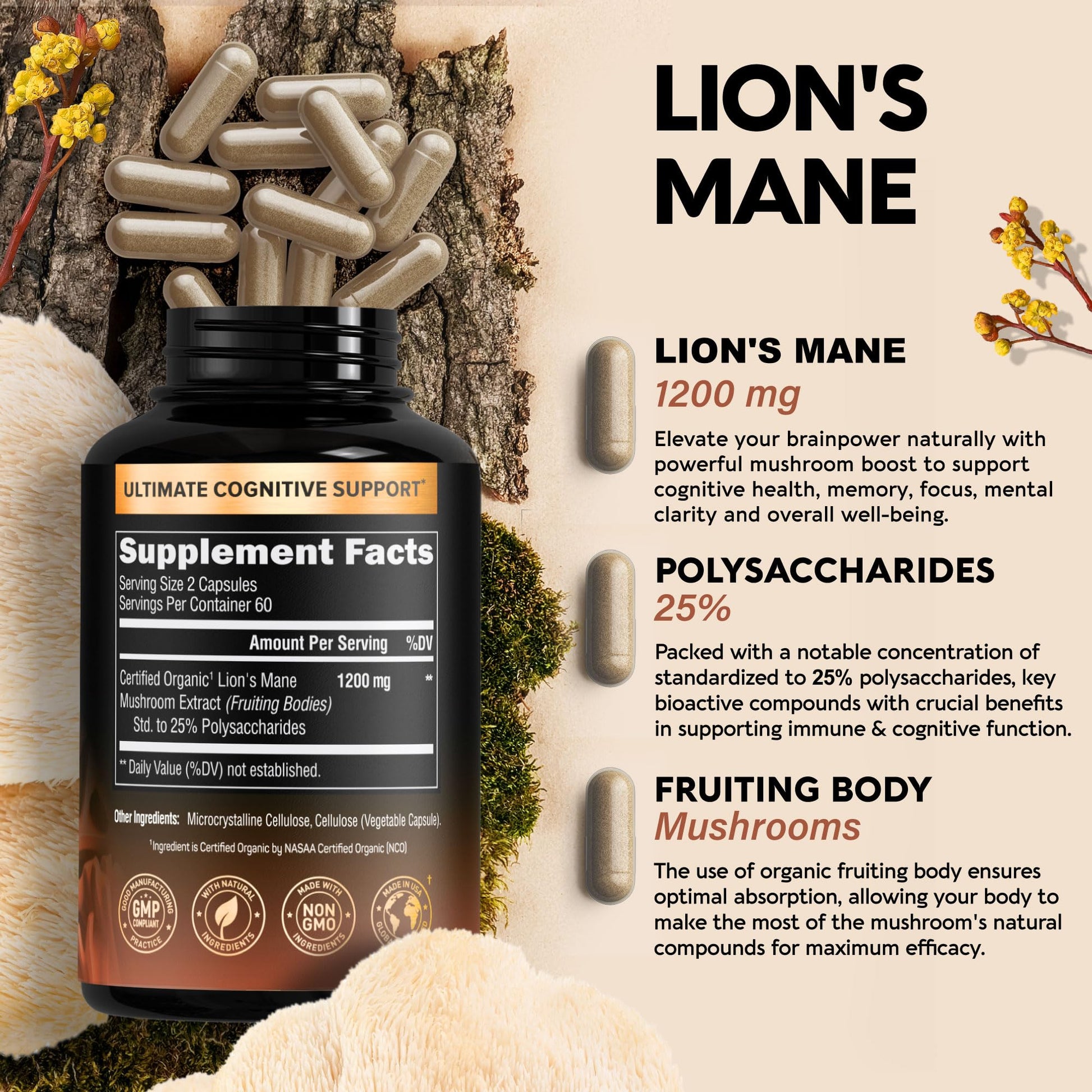 Organic Lions Mane - Certified Mushroom Supplement - Made in USA - Fruiting Bodies NUTRAHARMONY Au supplements
