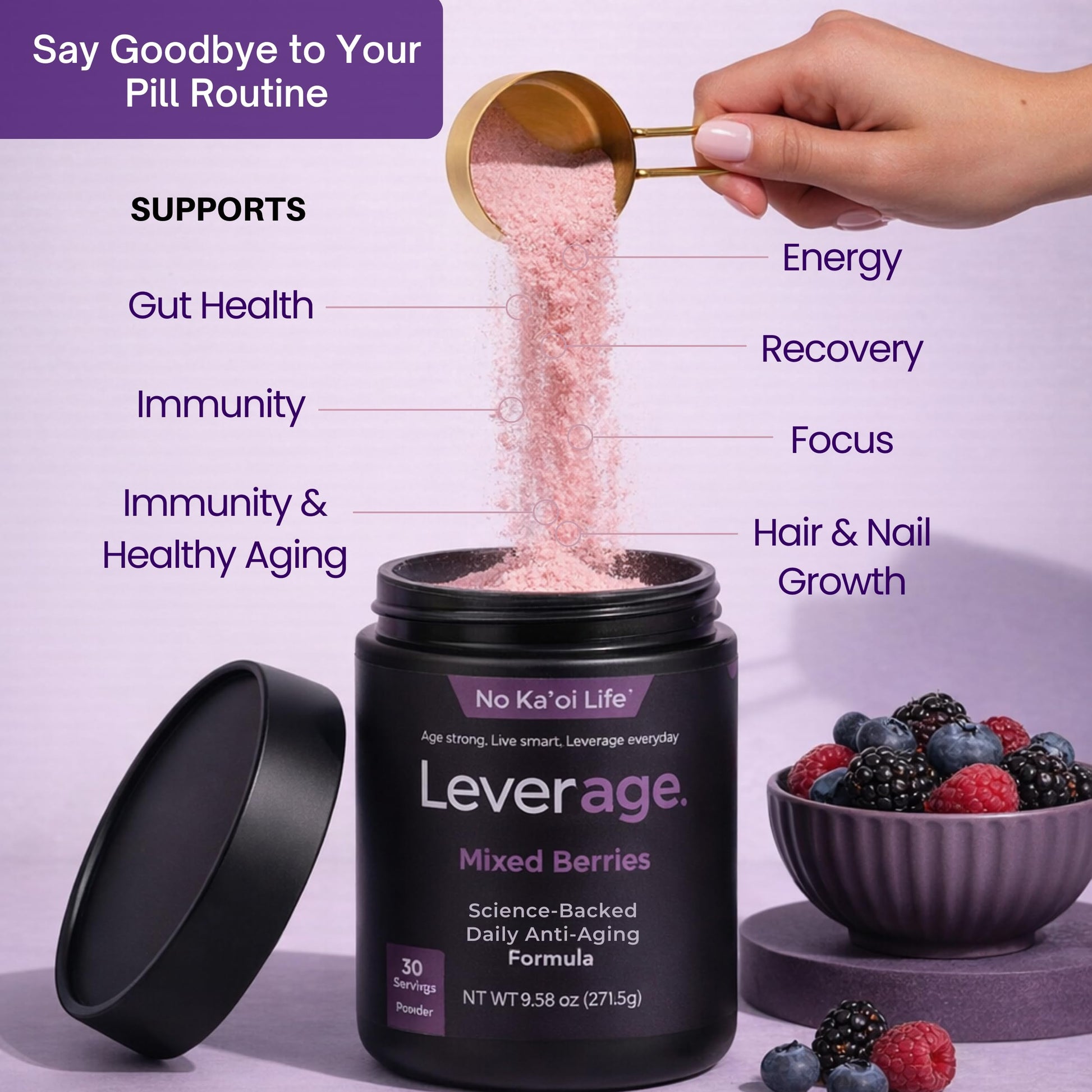 Leverage Mixed Berries Anti–Aging Supplement & Longevity Mix - Daily Wellness Multivitamin Powder with Hyaluronic Acid, L-Glycine & Magnesium for Skin, Energy, Cognitive Function & Joint–30 Servings Leverage Au supplements