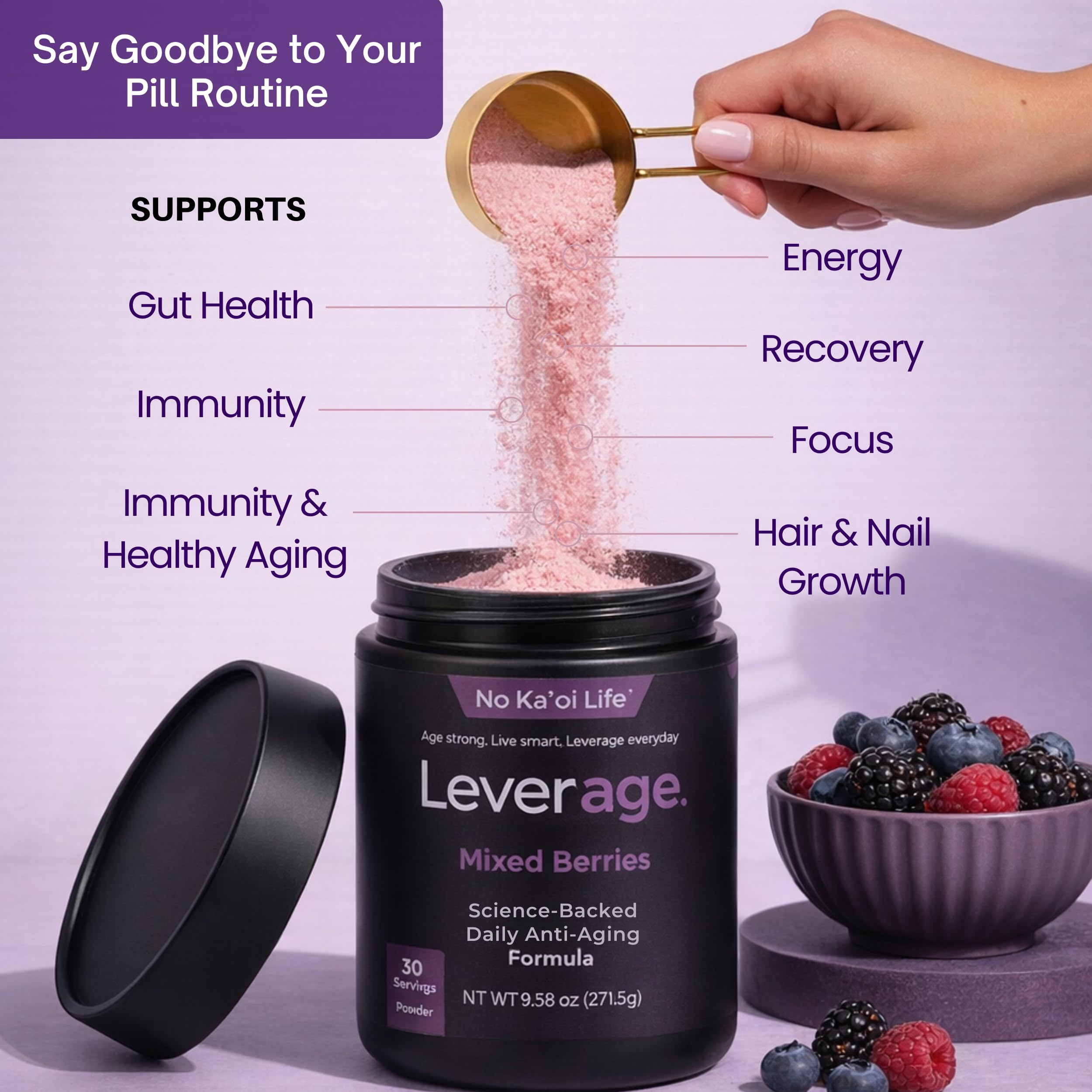 Leverage Mixed Berries Anti–Aging Supplement & Longevity Mix - Daily Wellness Multivitamin Powder with Hyaluronic Acid, L-Glycine & Magnesium for Skin, Energy, Cognitive Function & Joint–30 Servings Leverage Au supplements