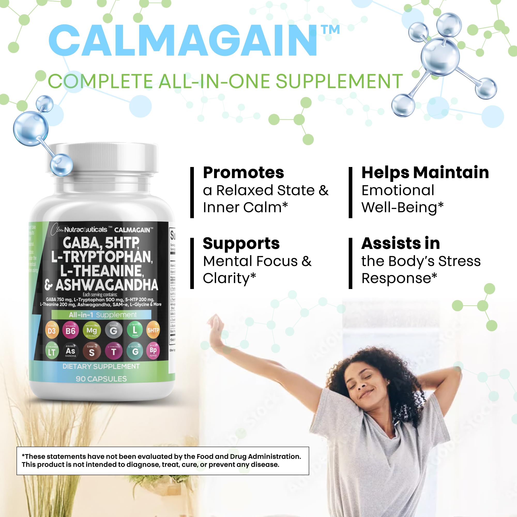 Clean Nutraceuticals GABA 750mg 5 HTP 200mg L Tryptophan 500mg L Theanine 200mg Ashwagandha SAM-e L-Glycine - Mood Support Vitamins for Women and Men with L-Tyrosine 5-HTP (5-Hydroxytryptophan) Clean Nutraceuticals Au supplements