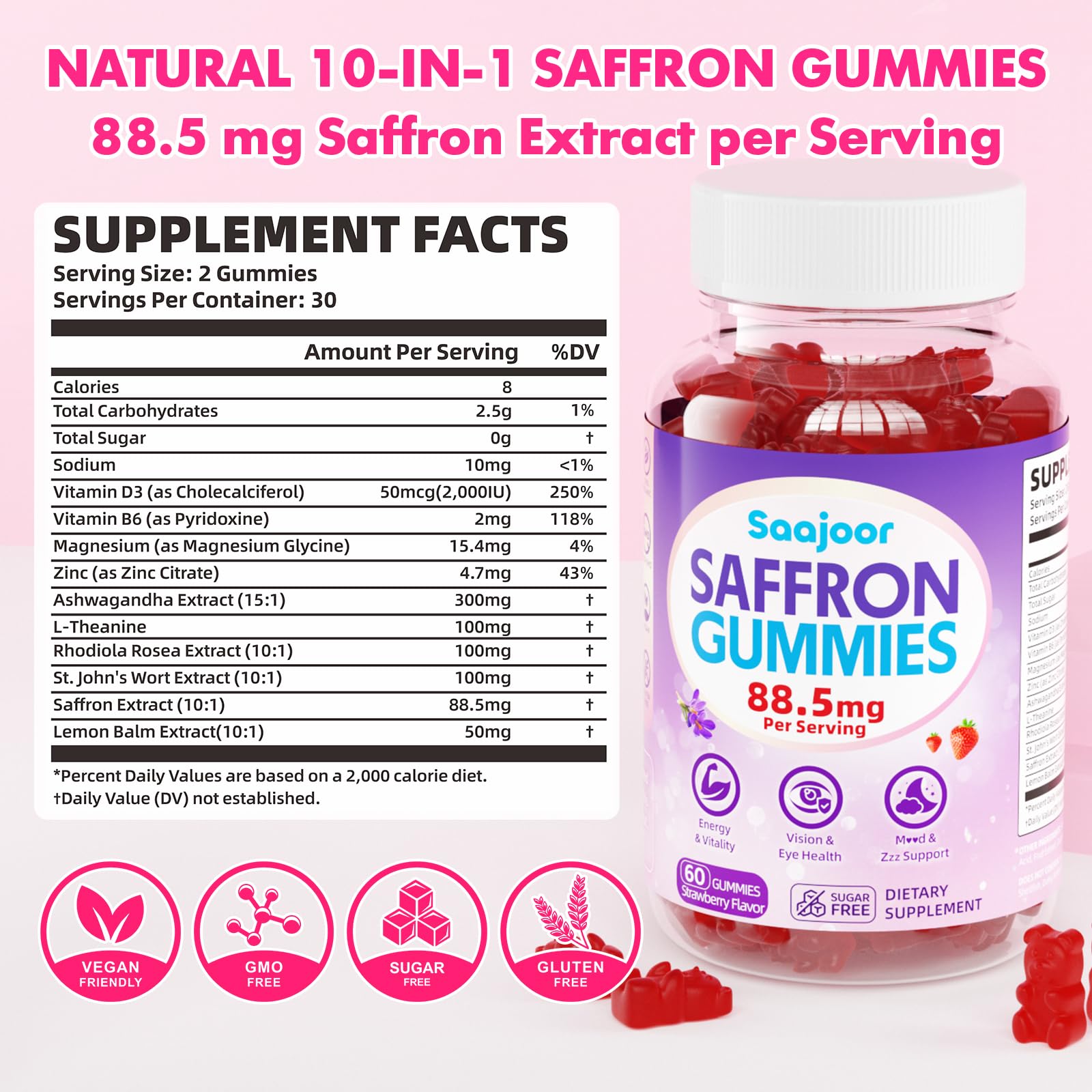 Saffron Gummies for Adult Kids - with Saffron 88.5mg, Vitamins D3 & B6, Magnesium, Zinc, Ashwagandha, L - Theanine, St. John's Wort - Supports Mood & Focus, Strawberry Flavor, 120 Count Saajoor Au supplements
