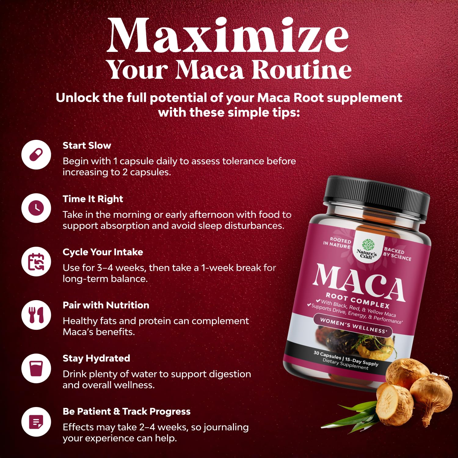 Maca Root Capsules for Women - Potent Herbal Supplement with Female Enhancing Blend of Red Yellow & Black Maca Root - Non-GMO Certified Vegan and Gluten-Free with No Artificial Colors - 30 Count Natures Craft Au supplements