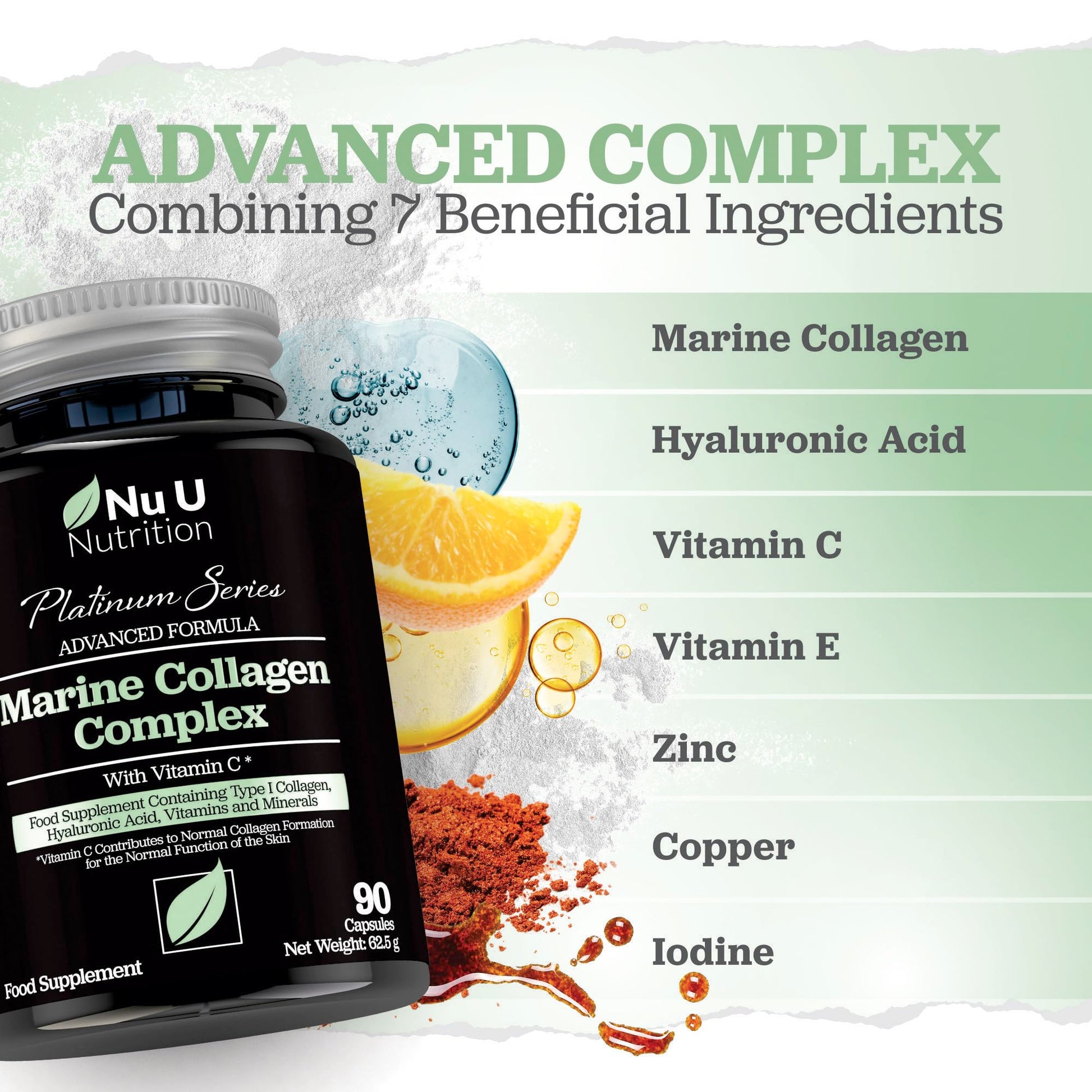 Marine Collagen with Hyaluronic Acid, Vitamin C - 90 Hydrolysed Capsules (not Tablets Nu U Nutrition Au supplements