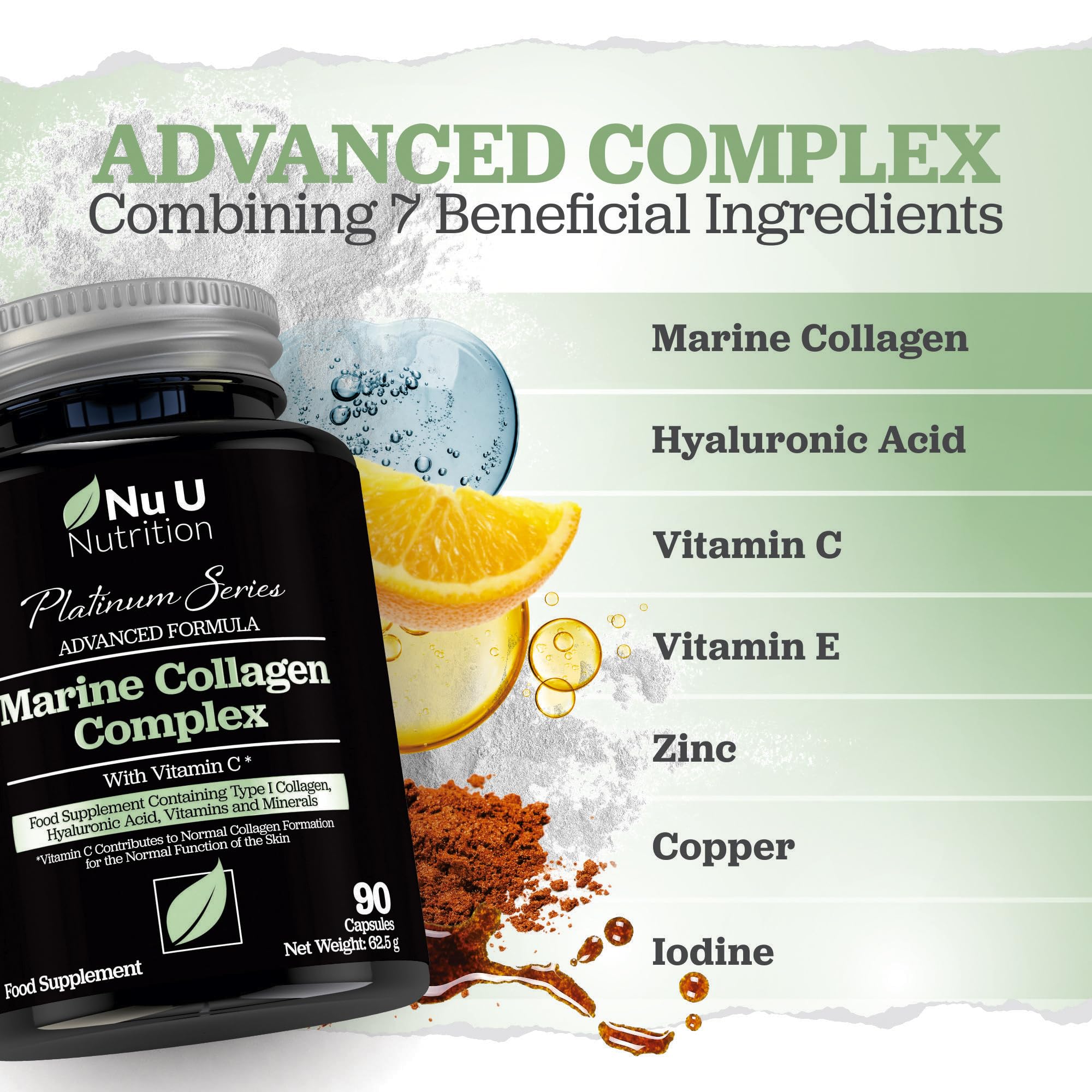Marine Collagen with Hyaluronic Acid, Vitamin C - 90 Hydrolysed Capsules (not Tablets Nu U Nutrition Au supplements