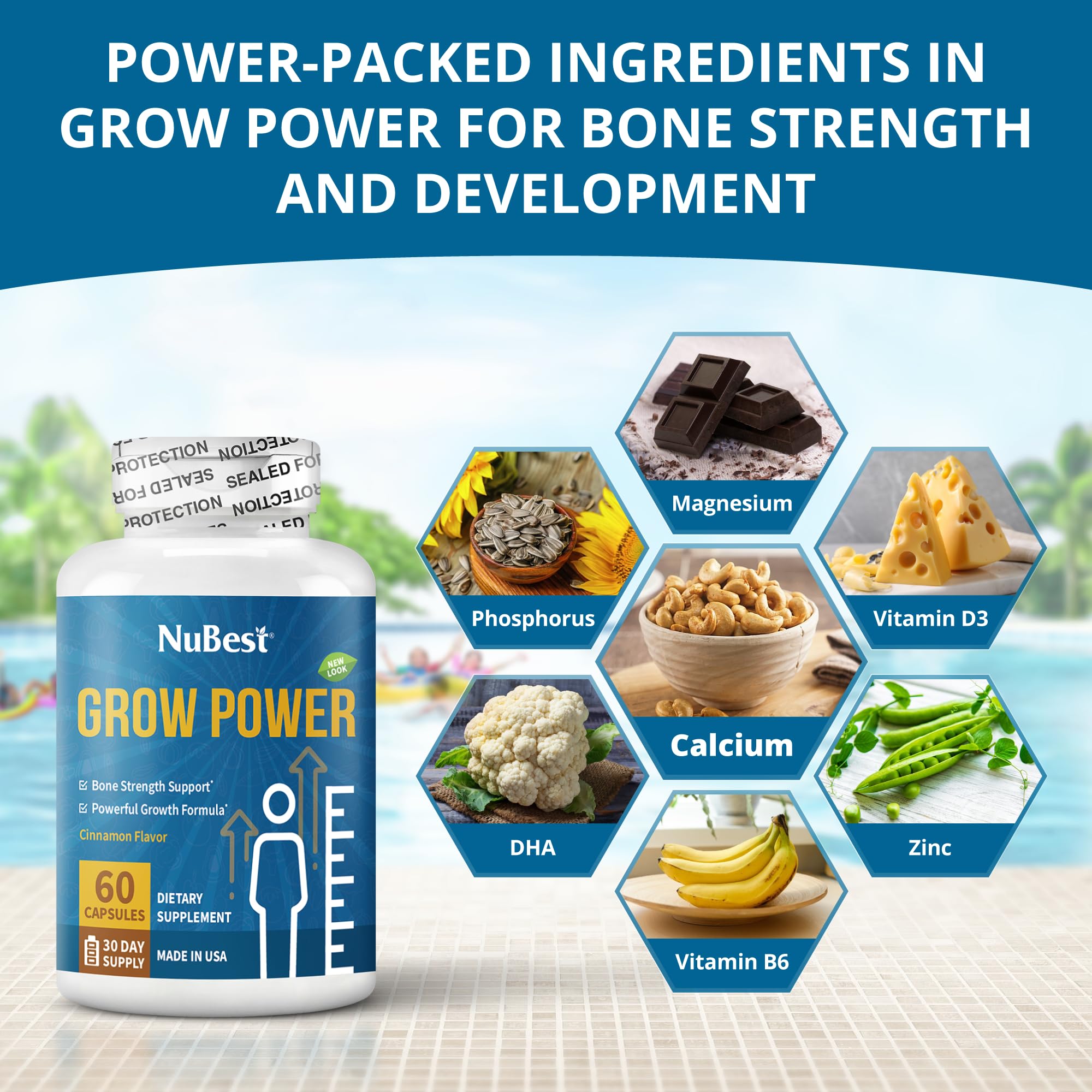 NuBest Grow Power - Calcium Supplement, Magnesium Supplement with Vitamin D3, B6, Zinc, Phosphorus and Multivitamin for Strong Bones, Overall Health for Age 10+ | 60 Capsules | 1 Month Supply NuBest Au supplements