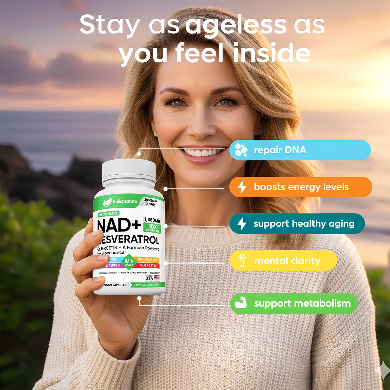 NAD+ Supplement, 1,360mg Max Strength Liposomal | Resveratrol, Quercetin, Green Tea | Cellular Energy & Healthy Aging for Men & Women | 800mg of 100% High Purity NAD+ for Energy, Focus - 90 Capsules Holistnature Au supplements