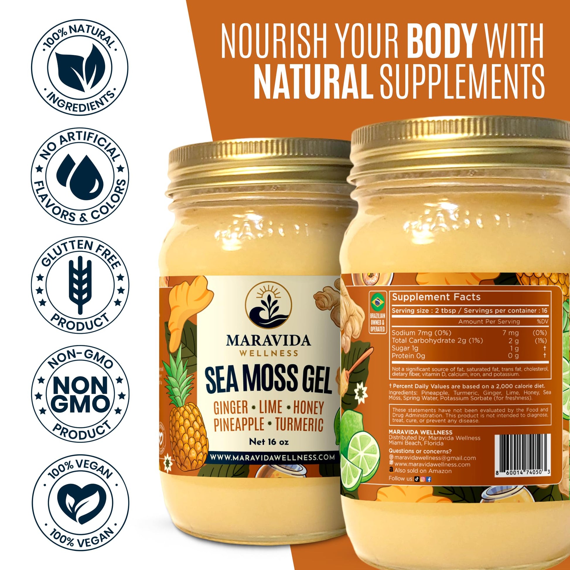 Maravida Wellness Sea Moss Gel – Pineapple, Lime, Honey, Ginger & Turmeric – 100% Natural Raw Organic Irish Moss – 16oz Jar – Premium Superfood for Everyday Wellness Maravida Wellness Au supplements