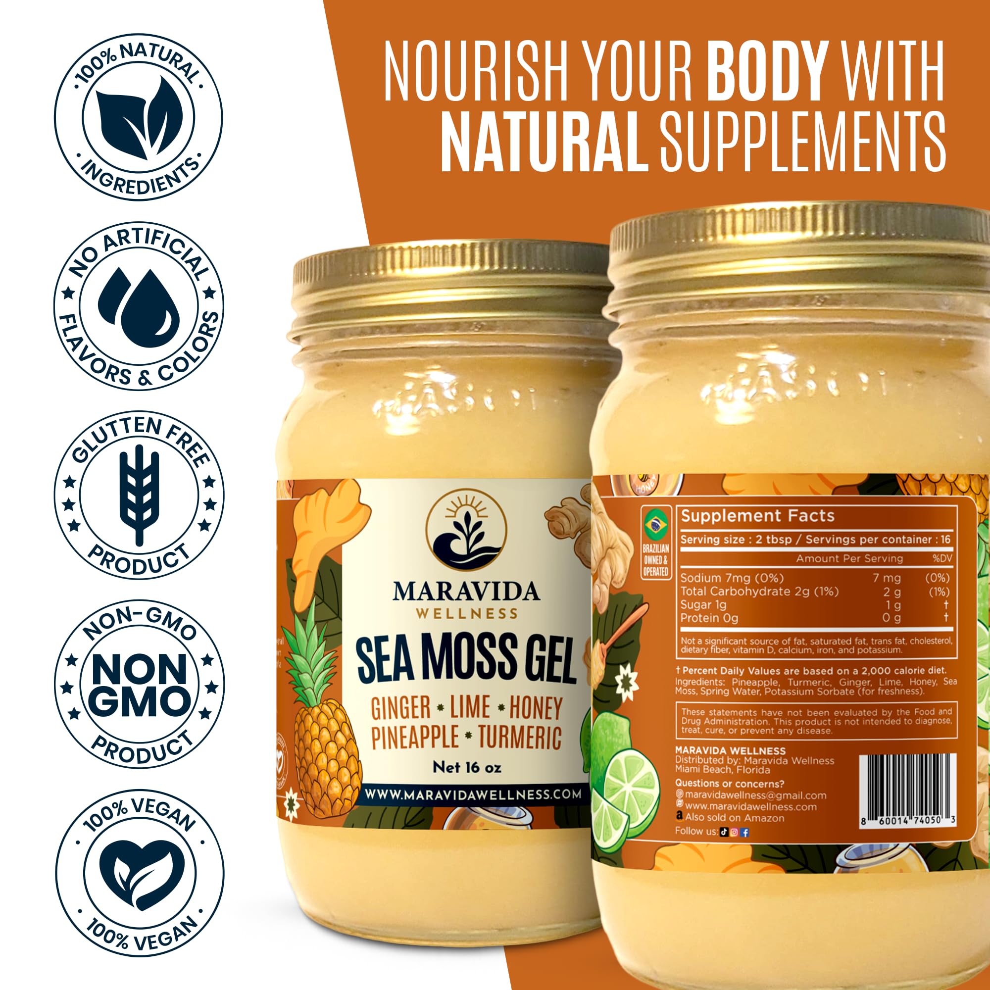 Maravida Wellness Sea Moss Gel – Pineapple, Lime, Honey, Ginger & Turmeric – 100% Natural Raw Organic Irish Moss – 16oz Jar – Premium Superfood for Everyday Wellness Maravida Wellness Au supplements