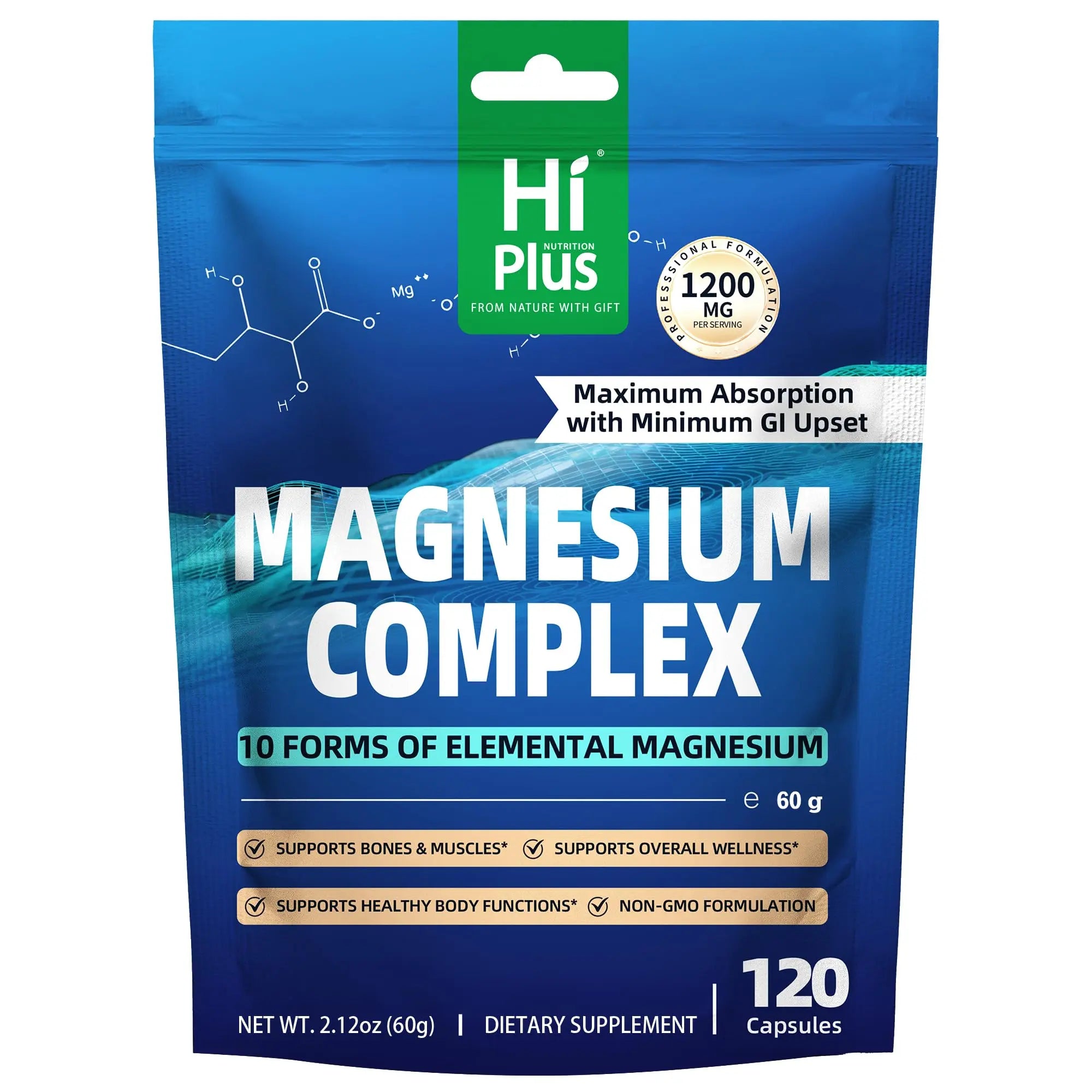 Magnesium Complex Supplement with 10 Forms of Elemental Magnesium, 1200 mg per Serving, Magnesium Glycinate, Citrate, Malate & Taurate, High Absorption Vegan Capsules, Non-GMO HiPlus Au supplements