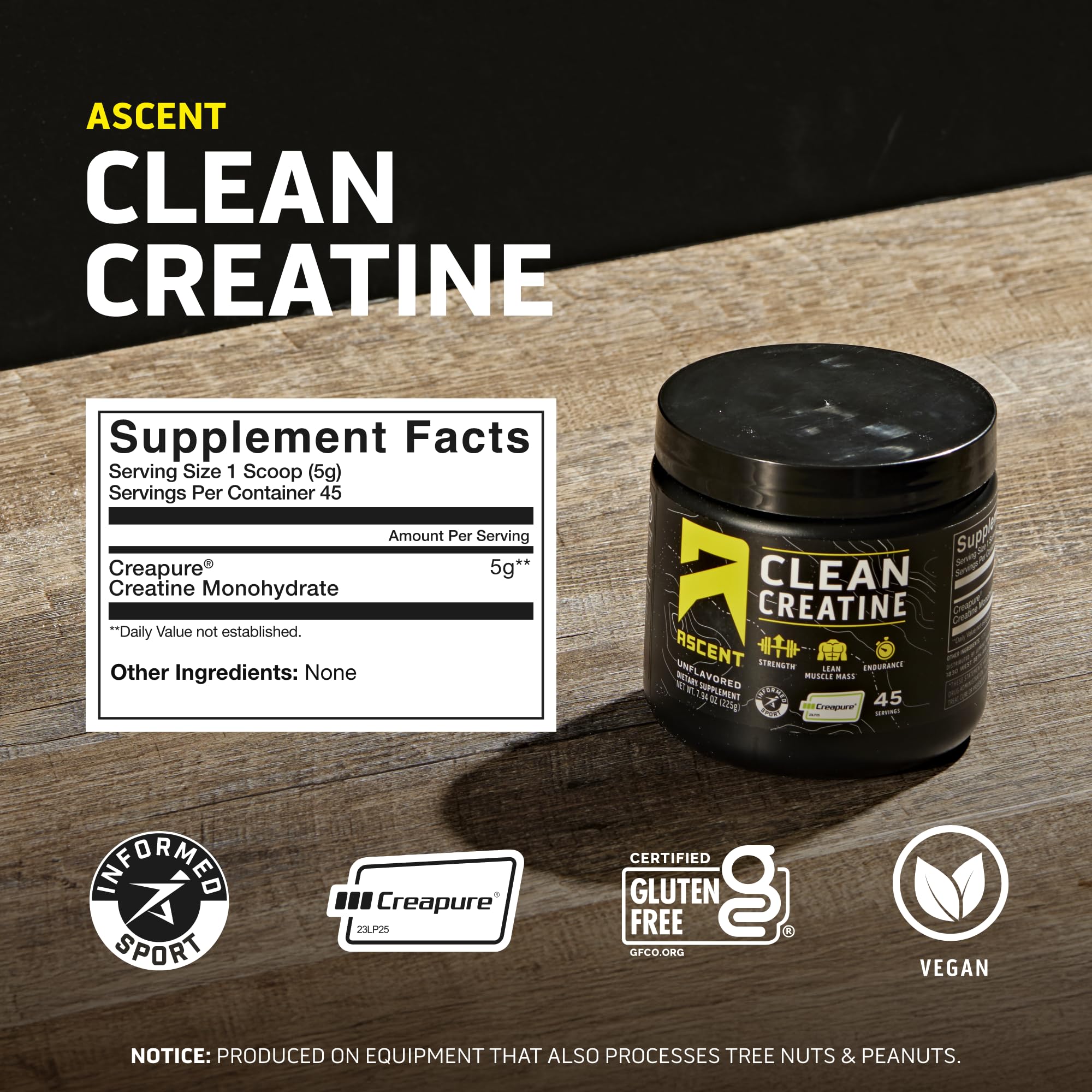 Ascent Clean Creatine Monohydrate Powder - 5G Per Serving, Creapure Supplement - Unflavored, 45 Servings Ascent Au supplements