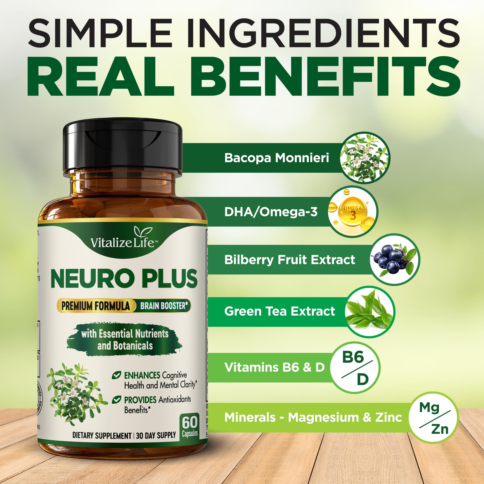 Neuro Plus Brain Supplement - Nootropic for Memory, Focus & Clarity - Neuro Brain and Focus Supplement with Bacopa Monnieri & DHA - Cognitive Support Formula - 60 Capsules Vitalize Life Au supplements