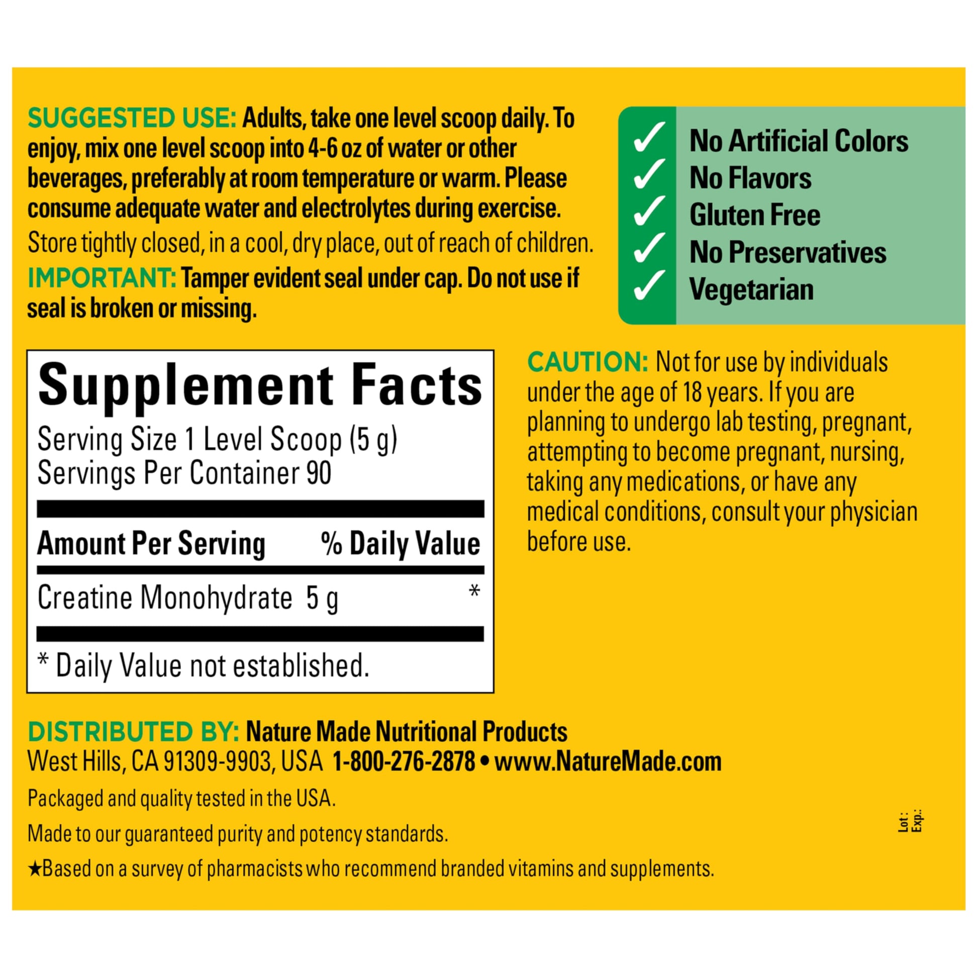 Nature Made Micronized Creatine Monohydrate Powder 5 g per Serving, Unflavored Drink Mix Powder, Muscle Support, 450 g, 90 Day Supply Nature Made Au supplements