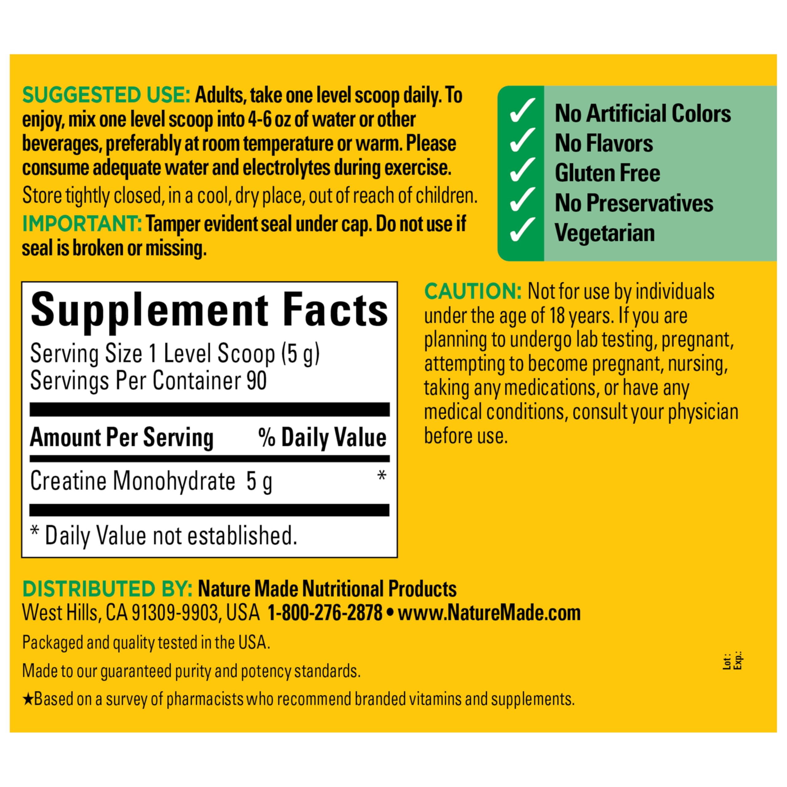 Nature Made Micronized Creatine Monohydrate Powder 5 g per Serving, Unflavored Drink Mix Powder, Muscle Support, 450 g, 90 Day Supply Nature Made Au supplements