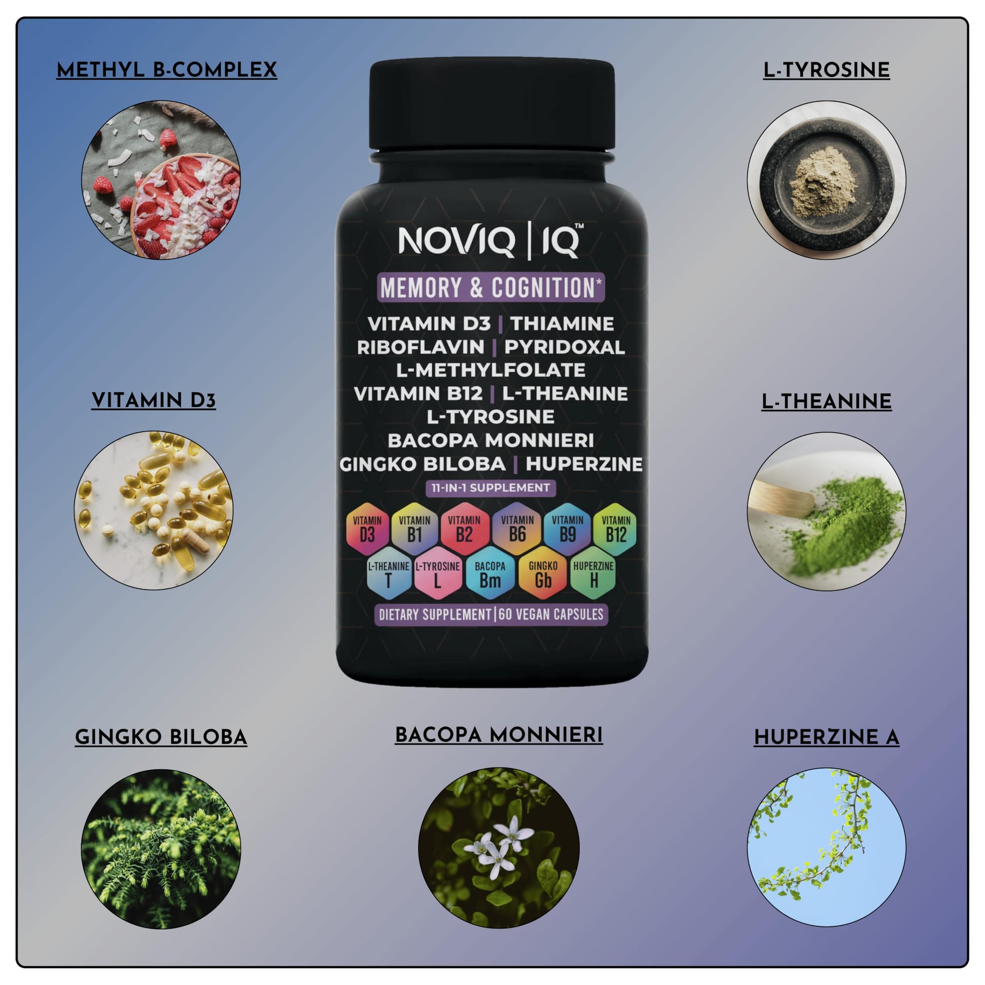 11-in-1 Nootropic Supplement: Supports Memory & Cognition - 100mg Ginkgo 150mg Bacopa 300mcg Huperzine 200mg L-Theanine 150mg L-Tyrosine & Bioactive B-Complex w/ 5-MTHF - 1,100mg+ Serving - 60 Count NOVIQ Au supplements