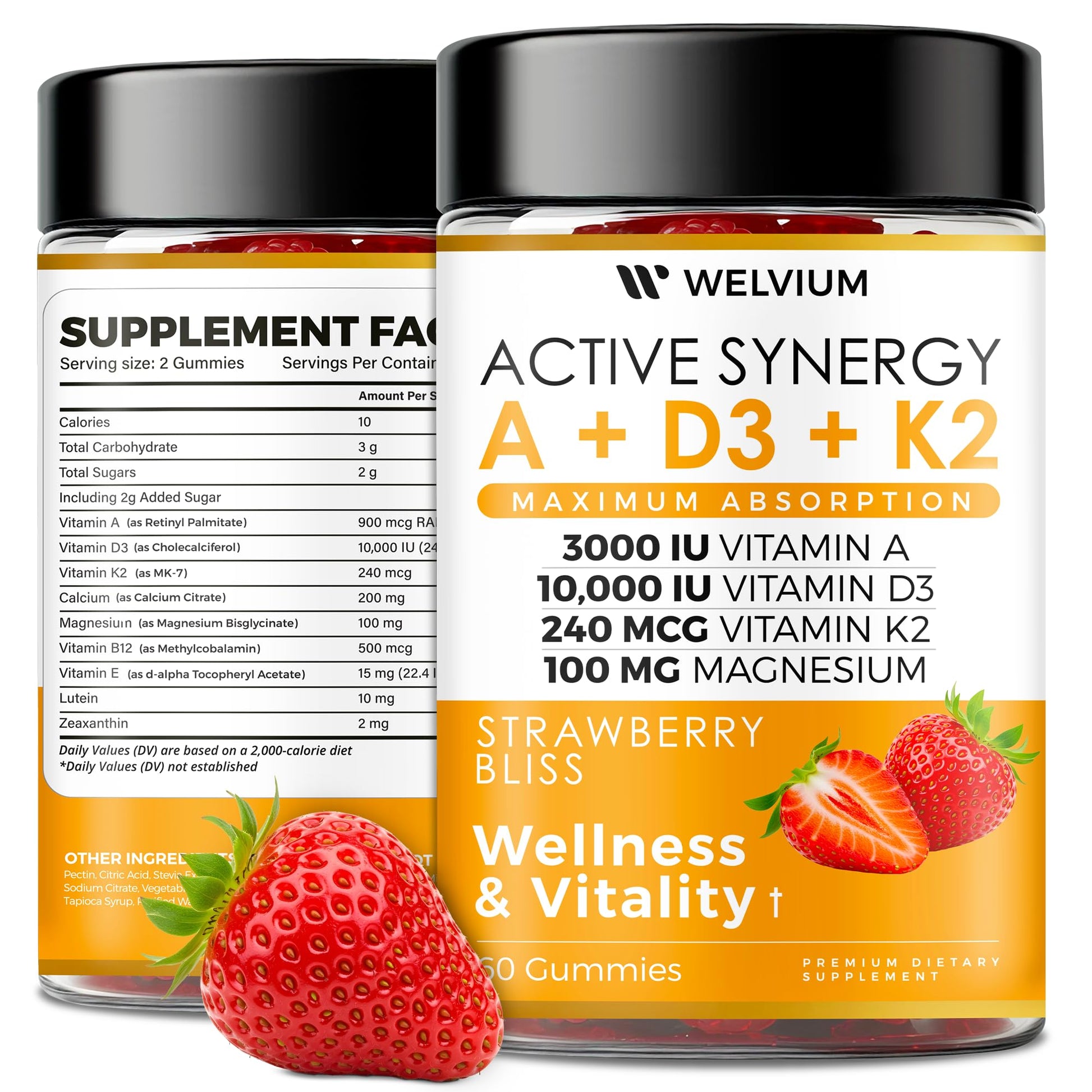 WELVIUM Vitamin D3 K2 Gummies 10000 IU with Magnesium Glycinate, Calcium, B12, K2 MK-7, Vitamins A, E, Lutein, Zeaxanthin - ADK Chewable Supplement for Bone, Eye, Immune Support - D3K2 Gummies WELVIUM Au supplements