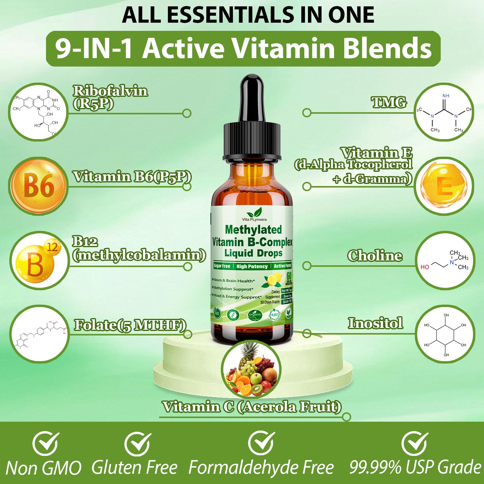 Methylated B Complex Liquid Drop Complete 9-in-1 Methyl B Vitamins w. B12 Methylfolate Inositol Choline TMG Vitamin C E, Super B-Complex Methylated for MTHFR Support, Energy Mood Nerve & Brain Health1 Vita PLynxera Au supplements