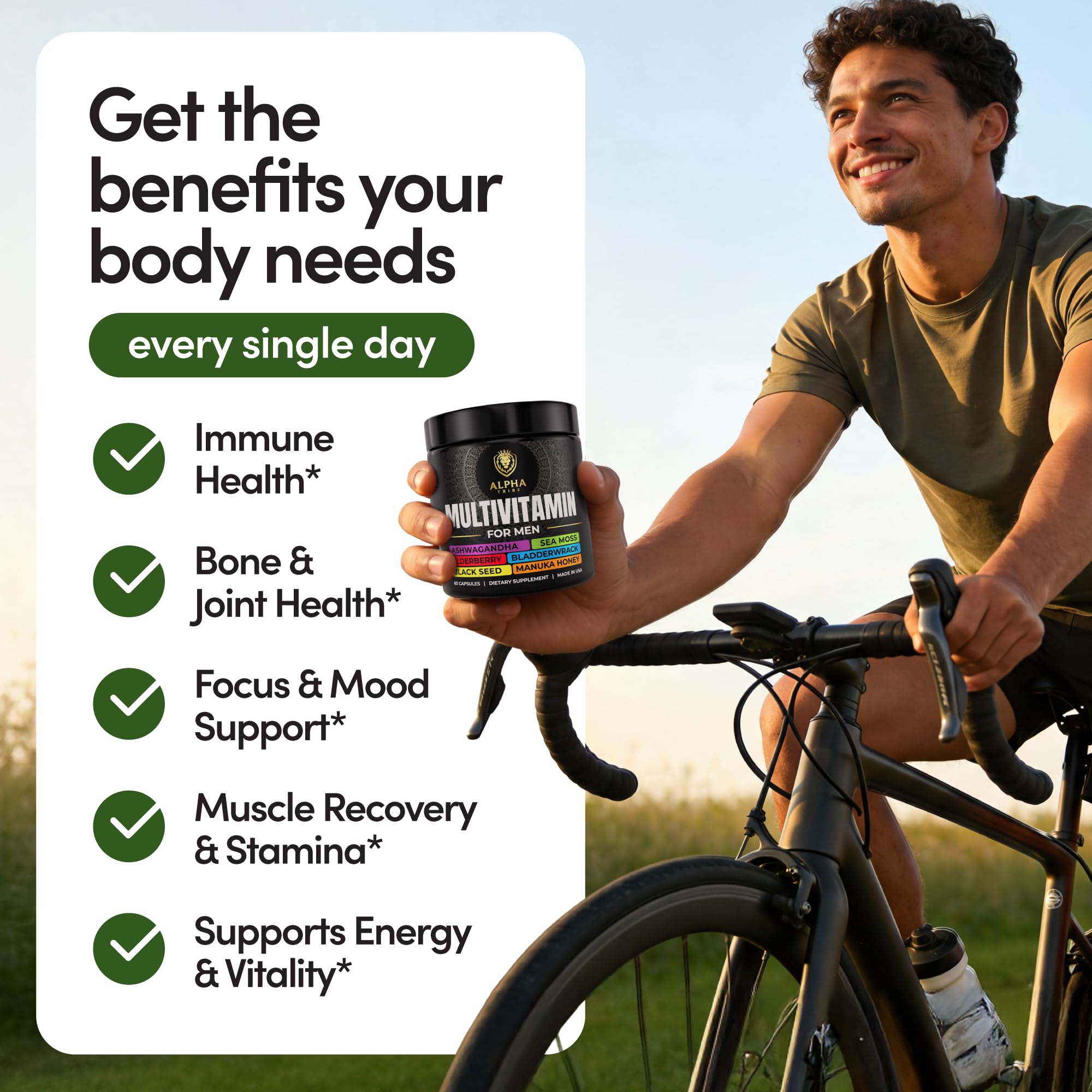 Alpha Tribe Multivitamin for Men & Organizer w/Seamoss Black Seed Oil Ashwagandha Burdock Root Turmeric Bladderwrack Vitamin C | Daily Men's Vitamins & Minerals Supplement | 60 Count Alpha Tribe Au supplements