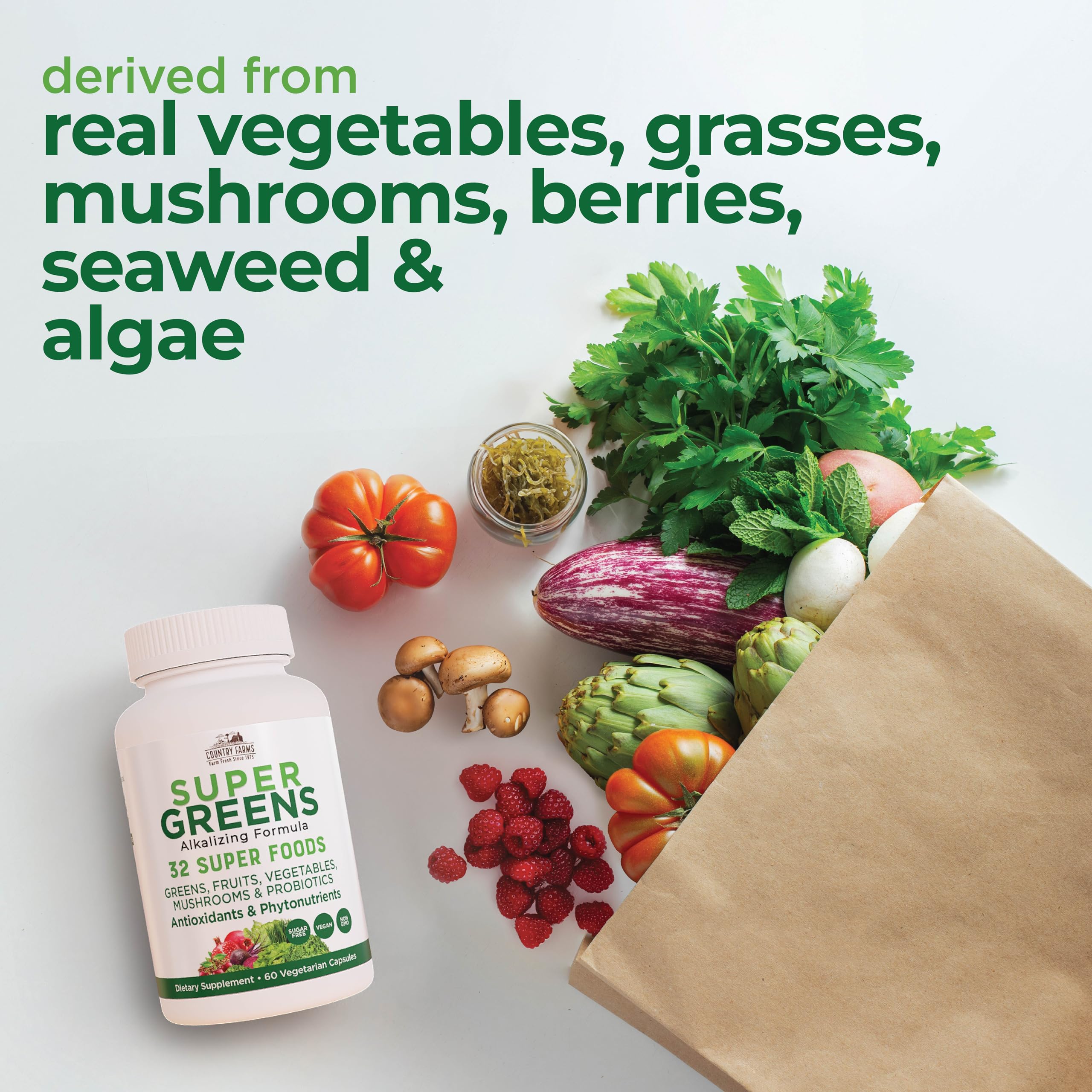 Country Farms Super Greens Vegicaps, 32 Super Foods, Whole Food Supplement, Greens, Fruit, Vegetables, Mushrooms & Probiotics, Rich in Antioxidants & Phytonutrients, 60 Count, 30 Servings Country Farms Au supplements
