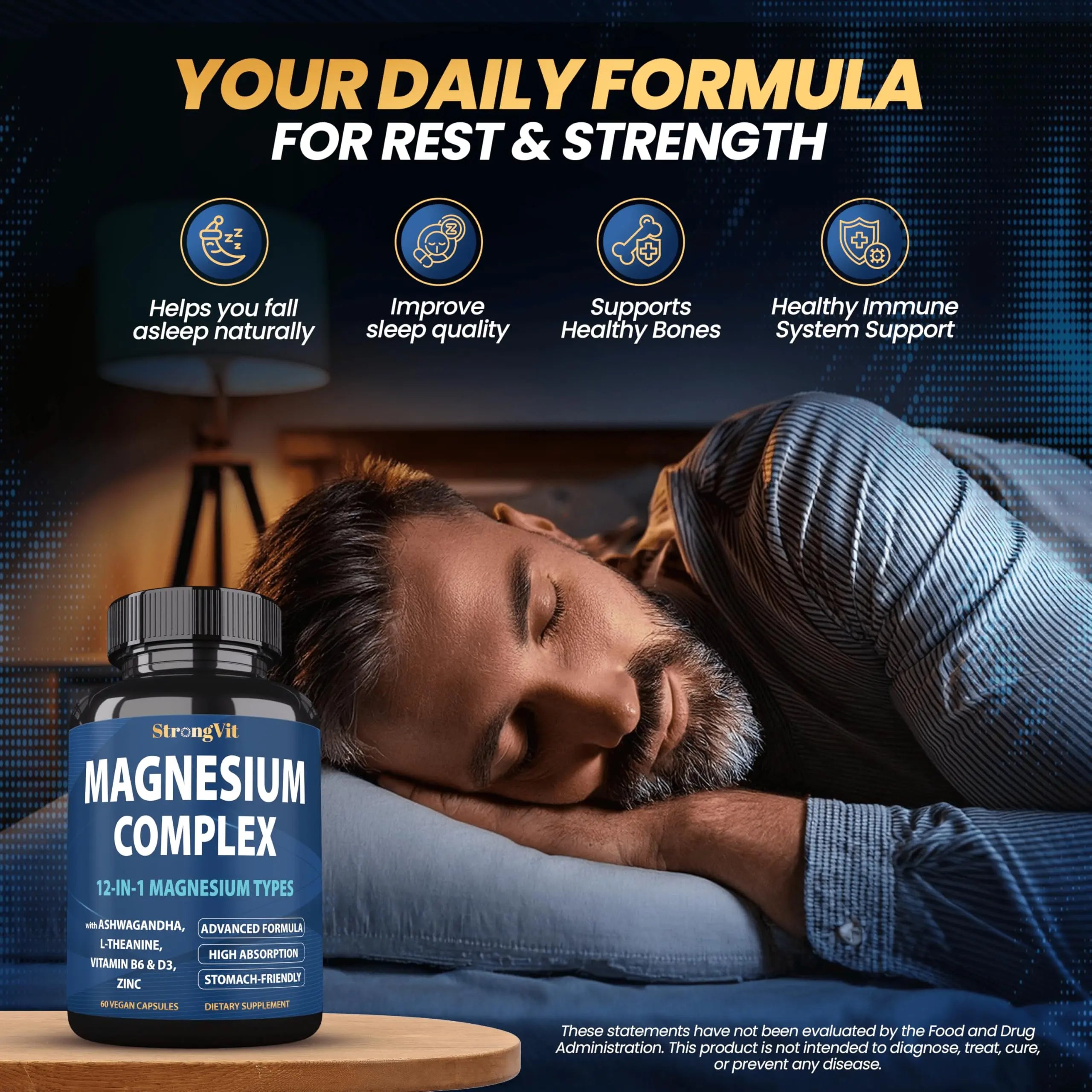1000mg Magnesium Complex for Women and Men, 12 in 1 Magnesium Supplement with Ashwagandha, Zinc, D3, L-theanine. Easy to Swallow, High Absorption, Sleep Support & Stress Relief (60 Capsules) StrongVit Au supplements