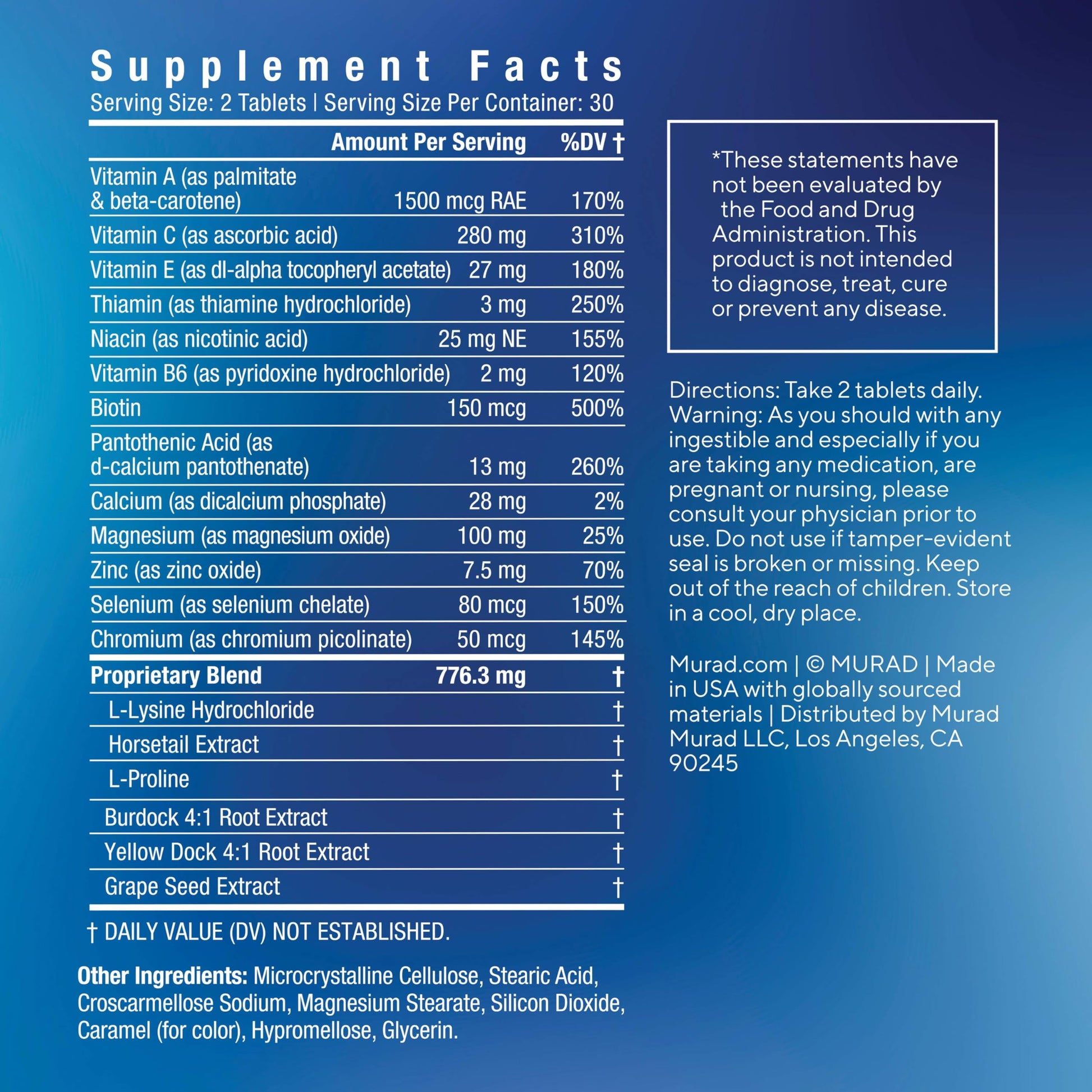 Murad Pure Skin Acne Supplements – 60 Tablets – Clear Skin Support with Blend of Vitamin A & B6, Zinc, Amino Acids, & Burdock Root – Promotes Healthy Skin, Oil Balance, Gut Health & Stress Relief Murad Au supplements