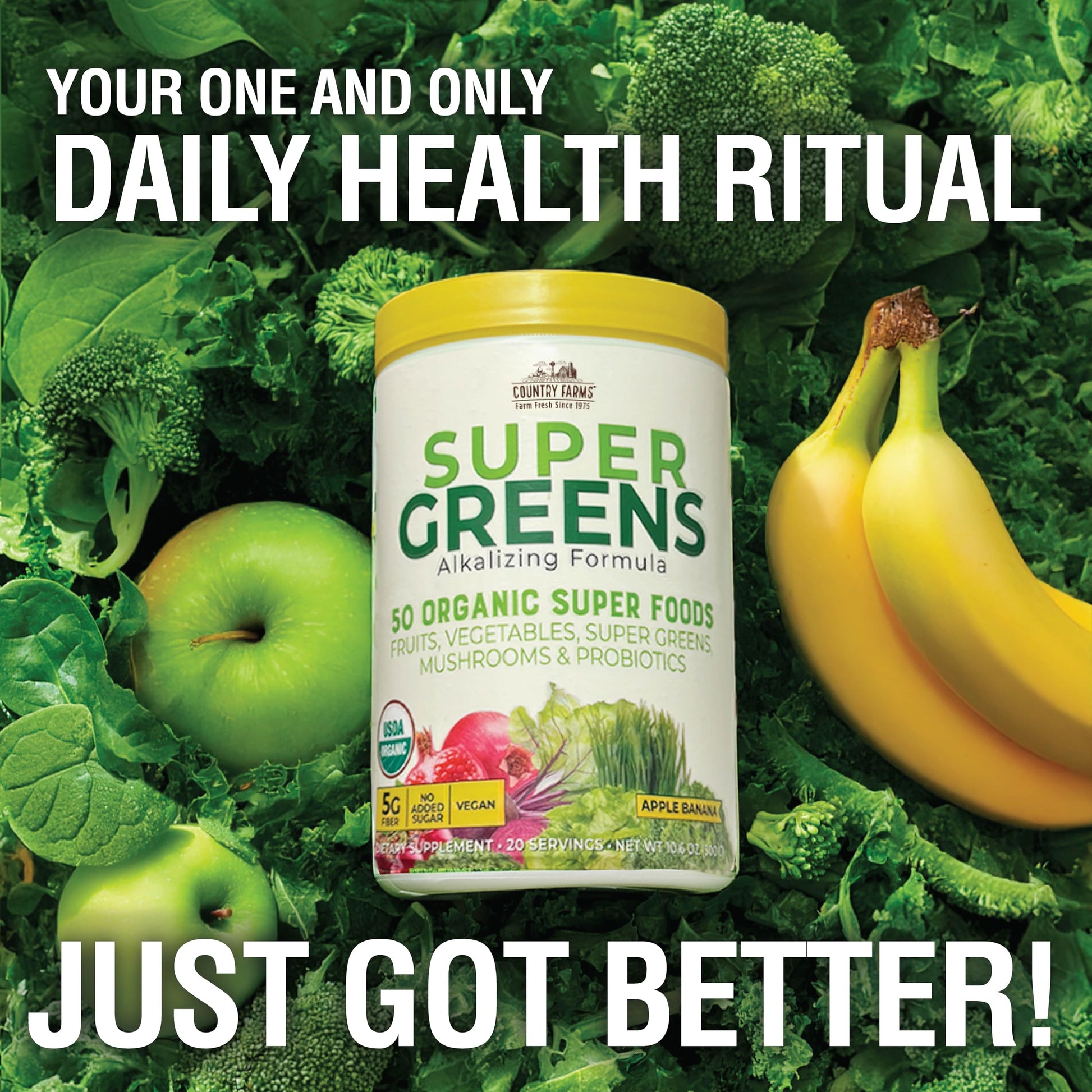Country Farms Super Greens Apple Banana Powder Smoothie, Organic Super Foods, USDA Organic Drink Mix, Fruits, Vegetables, Mushrooms, Superfood Nutrition, 40 Servings, 2 Pack Country Farms Au supplements
