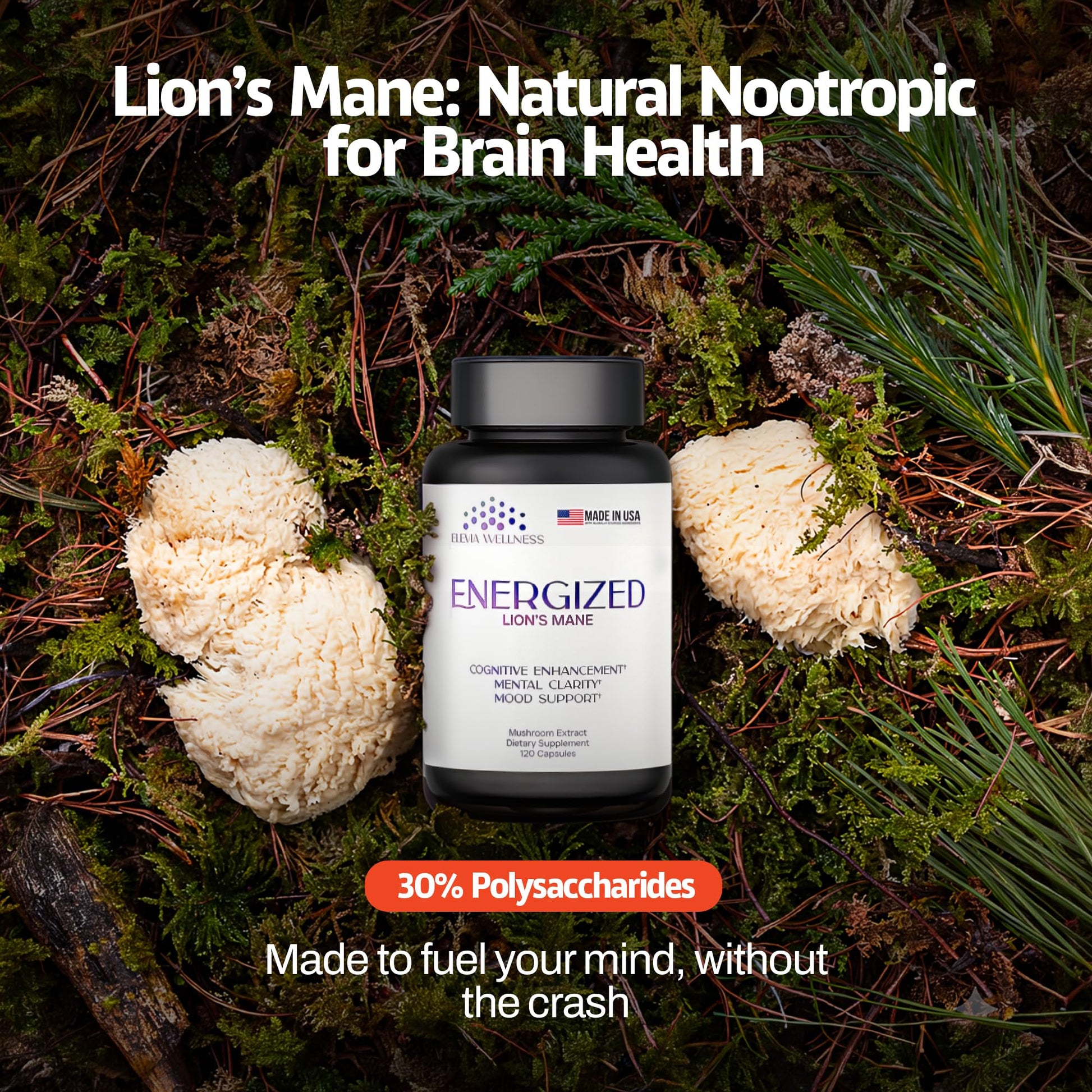 Energized Lions Mane Supplement Capsules (120ct),Brain Supplements for Memory and Focus, Nootropic for Brain Fog Relief Made in USA,30% Polysaccharides,Natural Brain Health Support Elevia Wellness Au supplements