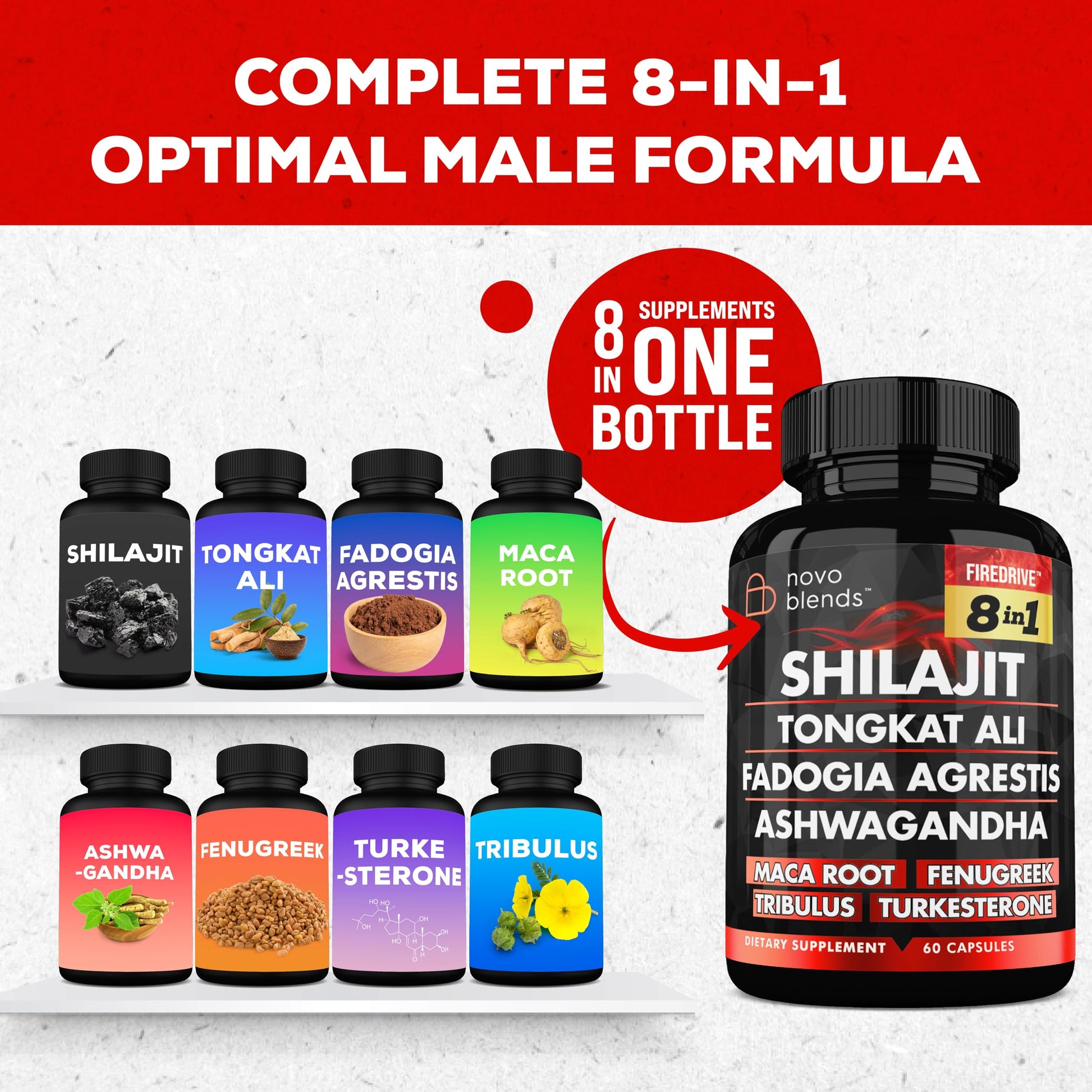 Shilajit 3000mg Tongkat Ali 15,000mg Fadogia Agrestis 1000mg Maca Root 2000mg Ashwagandha 4000mg Fenugreek 1500mg Tribulus Terrestris 500mg Turkesterone 500mg, 8-in-1 Supplement Blend for Men Novo Blends Au supplements