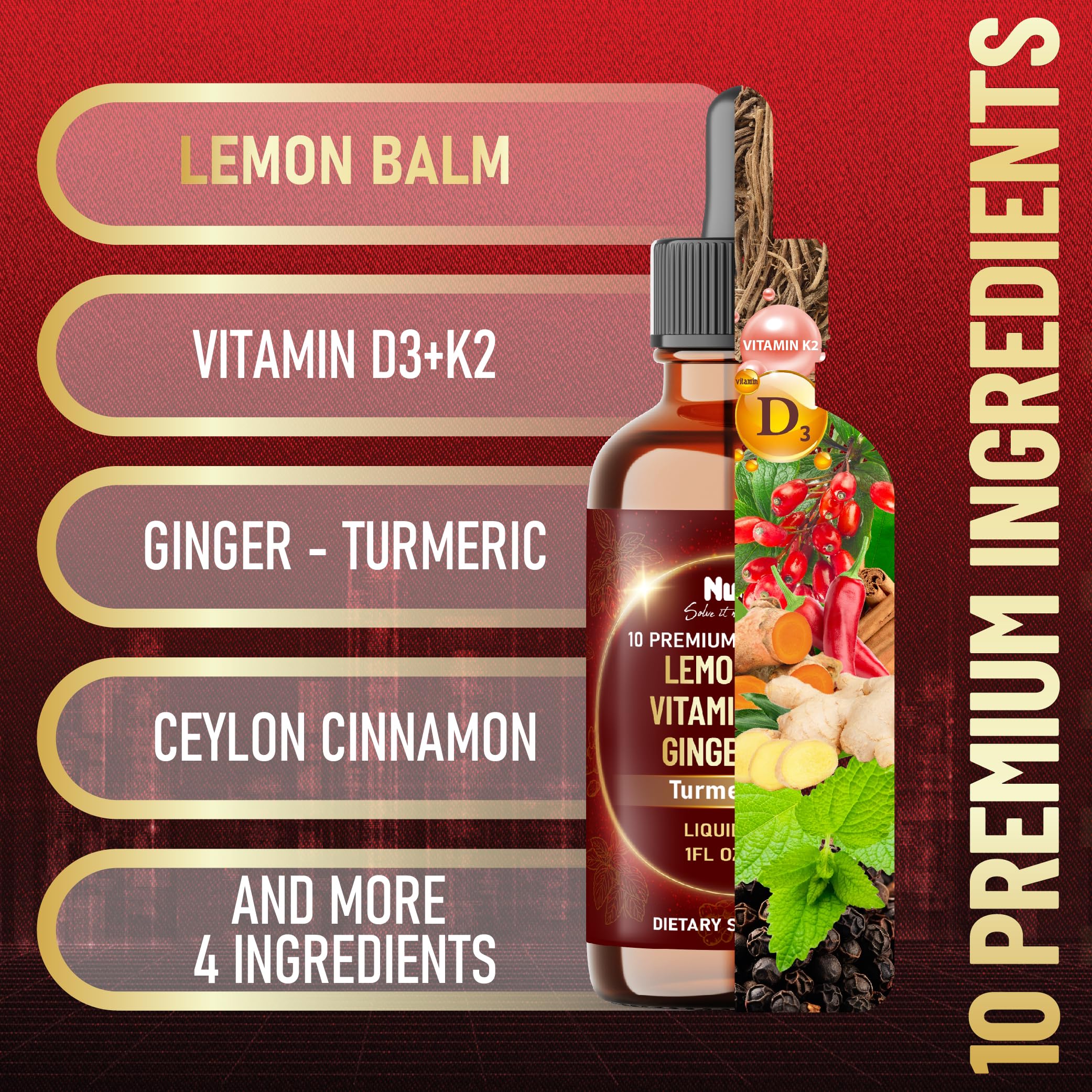 NUQIIT 10in1 Lemon Balm Tincture Blend Includes Vitamin D3, Vitamin K2, Lemon Balm, Ginger, Turmeric, Ceylon Cinnamon and More - 1 FL Oz - 60 Day Supply NUQIIT Au supplements