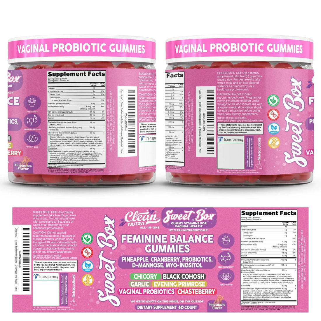 Clean Nutra Feminine Balance Gummies for Women Pineapple VaginalProbiotics pH Balance Cranberry D Mannose Supplement Inositol Black Cohosh Evening Primrose Garlic Vitex GLA Prebiotics Folate 60ct Clean Nutraceuticals uk supplements
